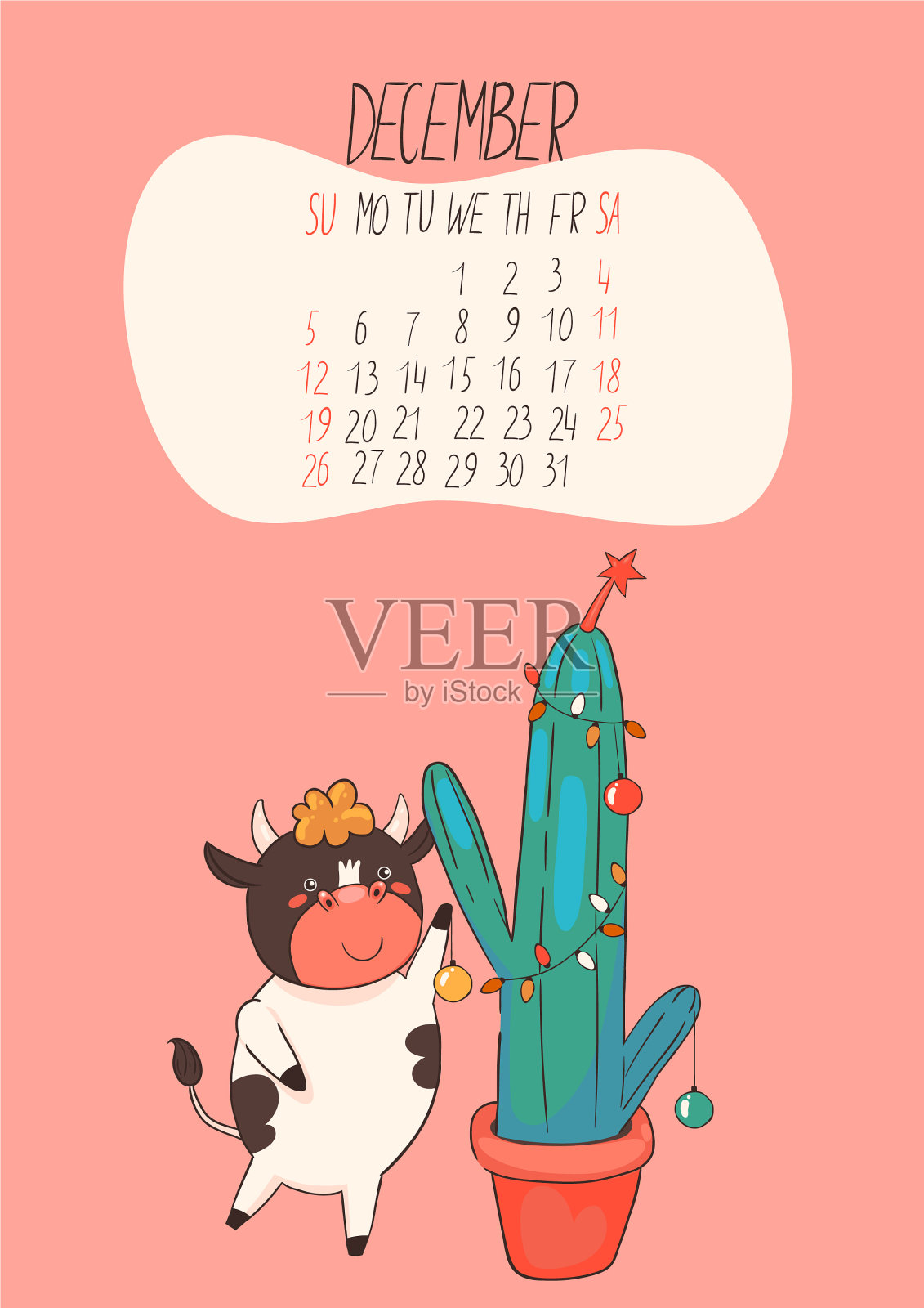 12月2021年日历可爱的牛装饰插画图片素材