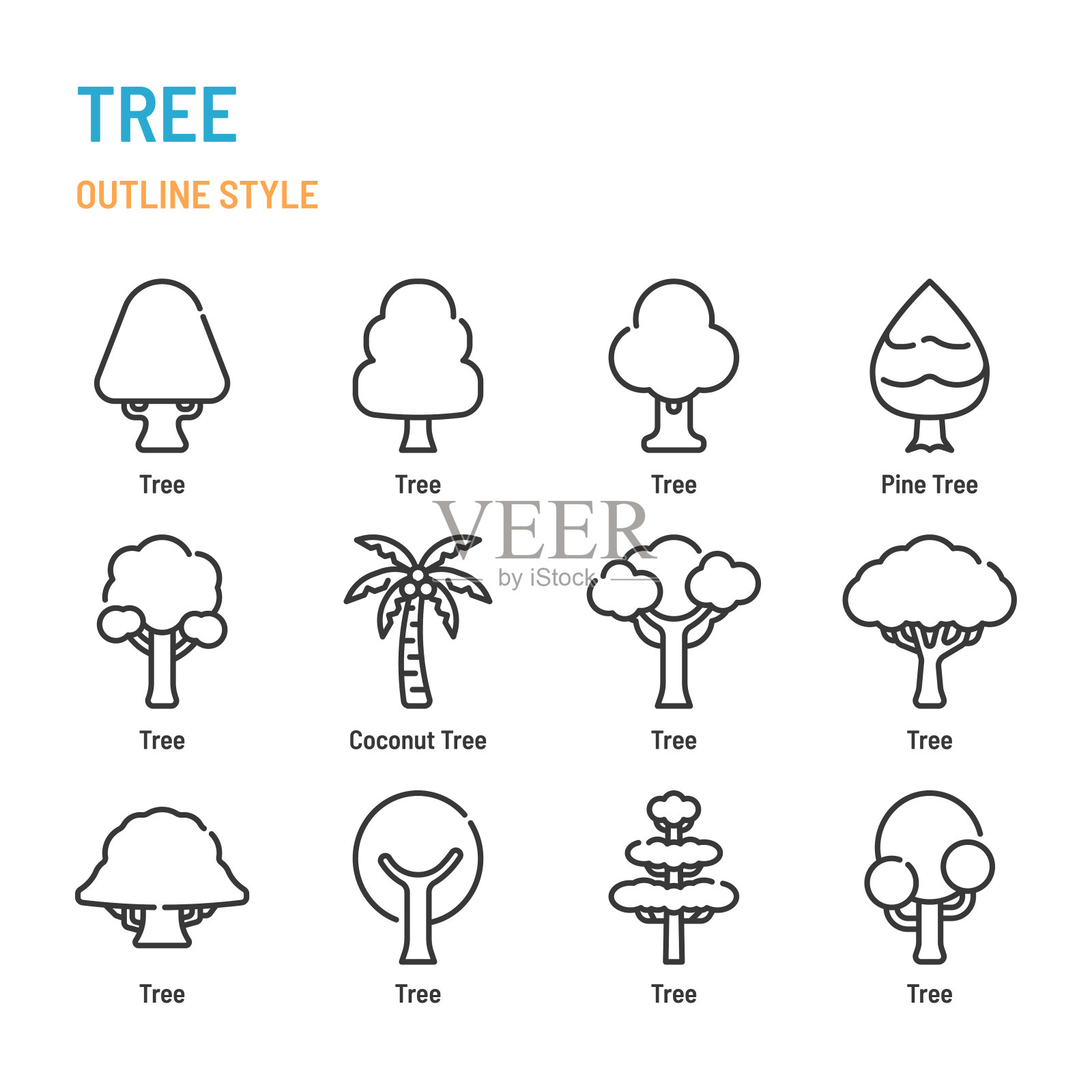 树在轮廓图标和符号集插画图片素材