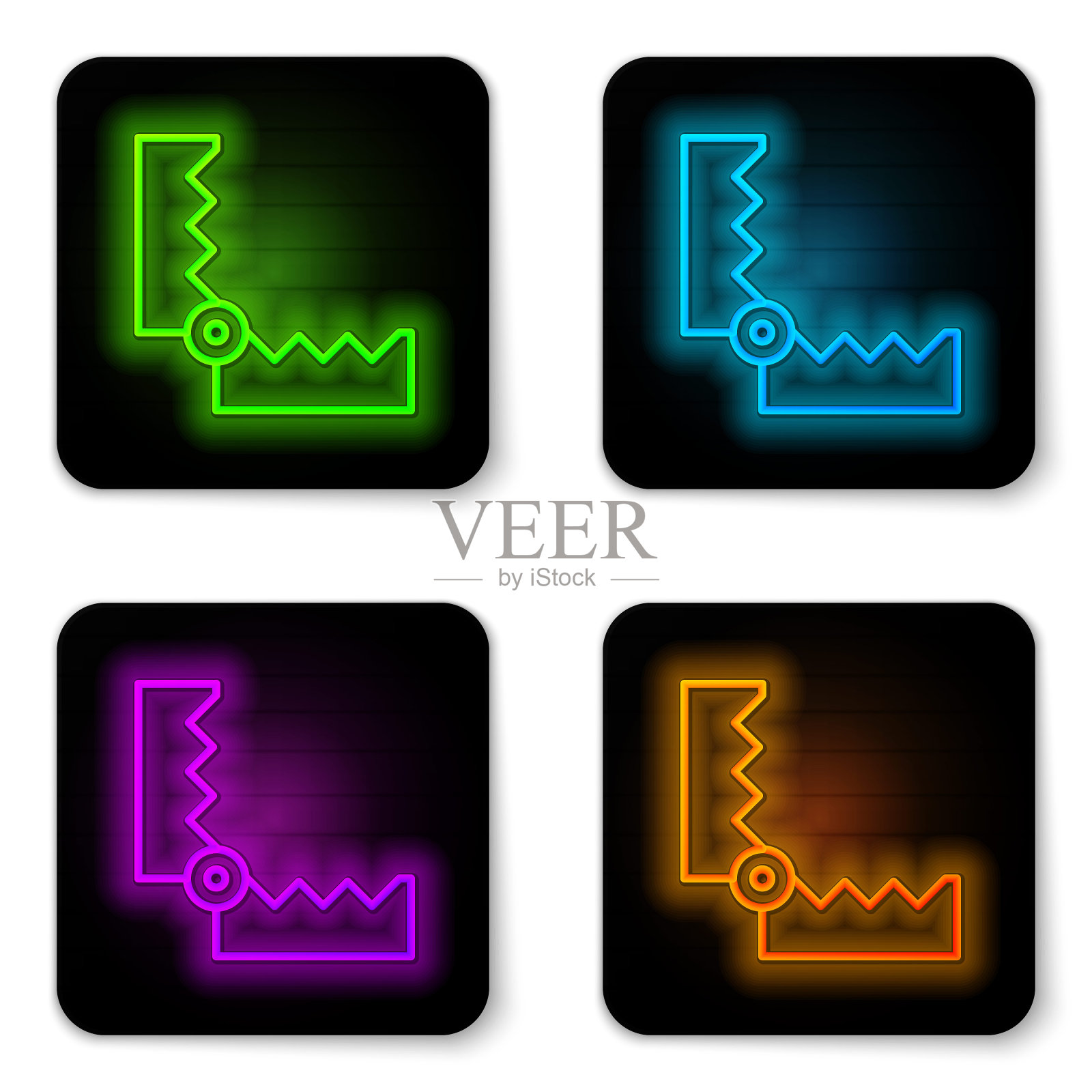 发光的霓虹灯线陷阱狩猎图标孤立在白色背景。黑色方形按钮。向量图标素材