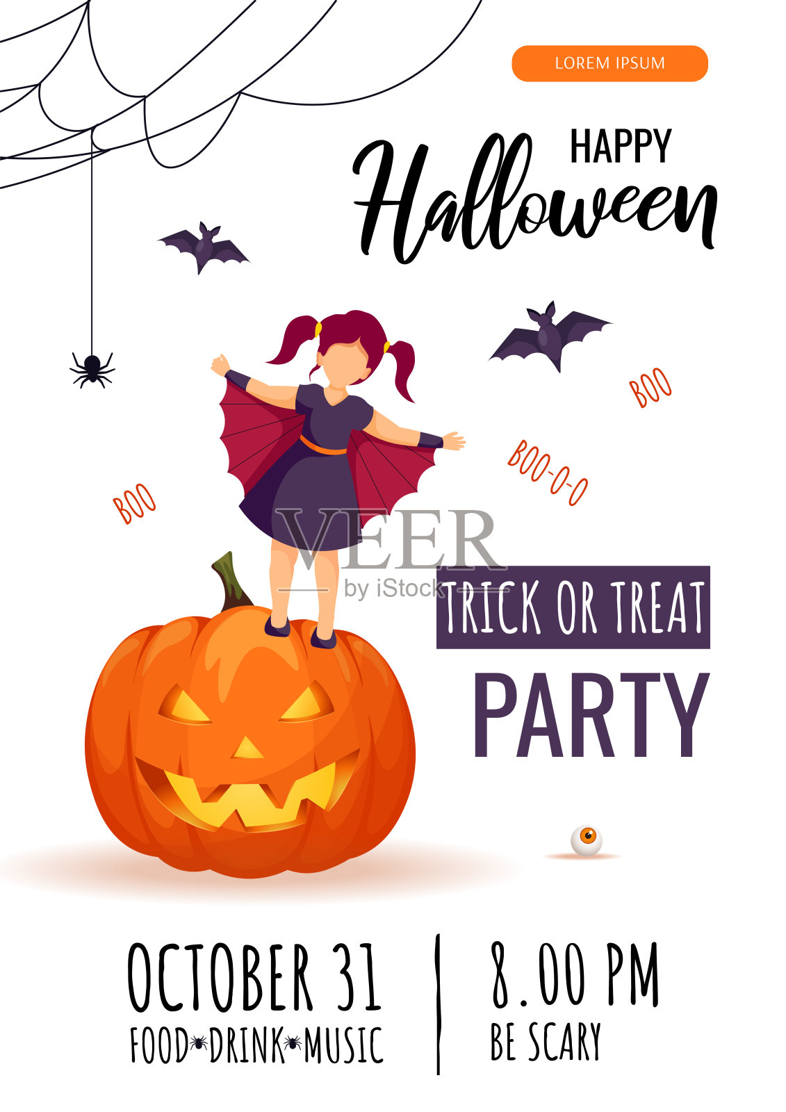 万圣节派对邀请女孩穿着蝙蝠服装站在吓人的南瓜、蜘蛛网和蜘蛛上。设计模板素材