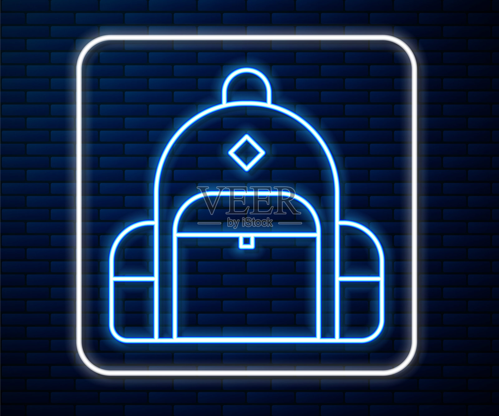 发光的霓虹灯线徒步背包图标孤立在砖墙的背景。野营和登山背包。矢量图图标素材