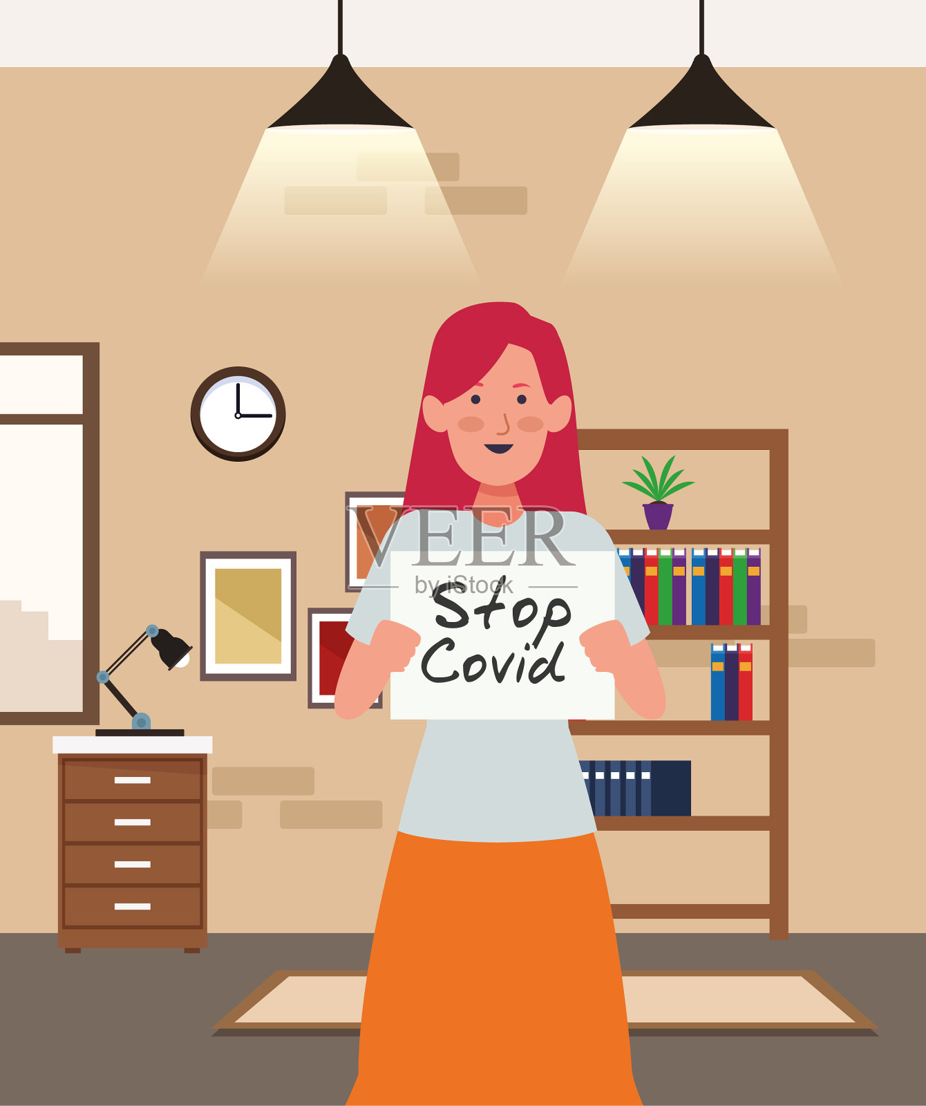 妇女具有制止新冠肺炎的旗帜品格插画图片素材