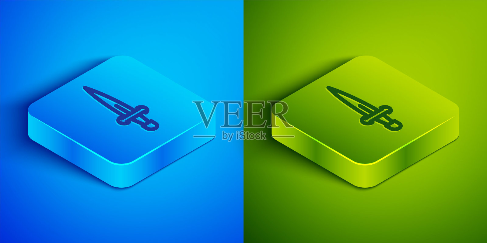 等距线匕首图标隔离在蓝色和绿色背景。刀图标。剑刃锋利。方形按钮。向量图标素材