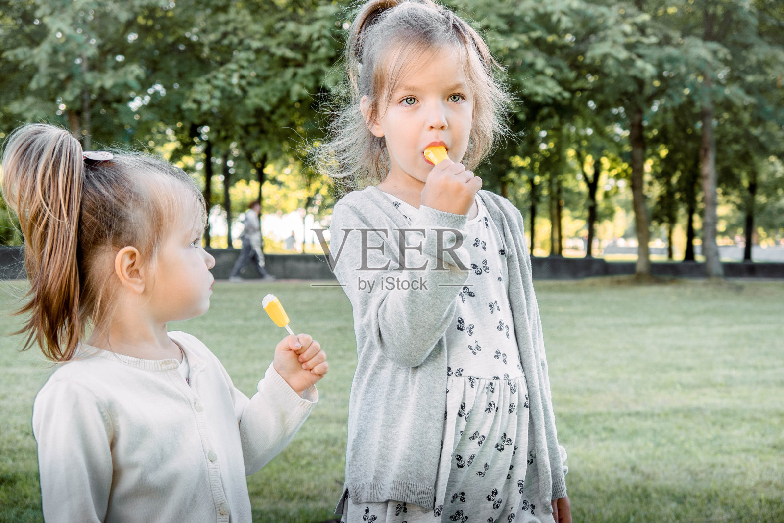 在一个温暖的夏日,两个小女孩在公园的草地上玩棒棒糖照片摄影图片