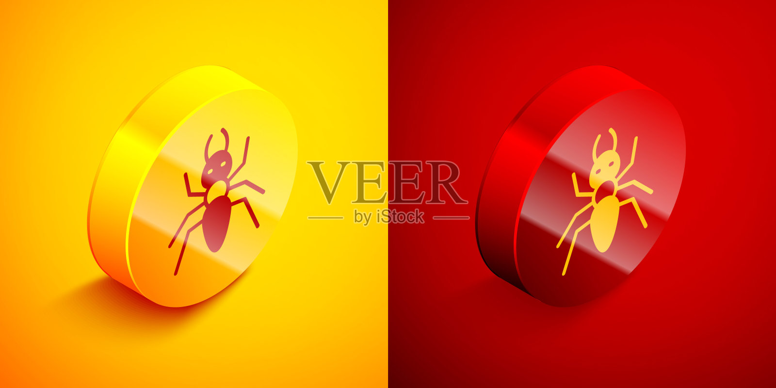 等距的蚂蚁图标隔离在橙色和红色的背景。圆按钮。向量图标素材