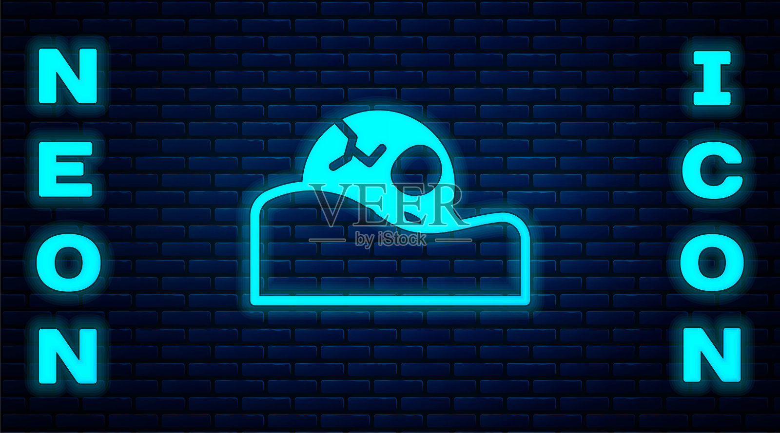 发光霓虹灯人类头骨在地面图标隔离在砖墙背景。向量插画图片素材