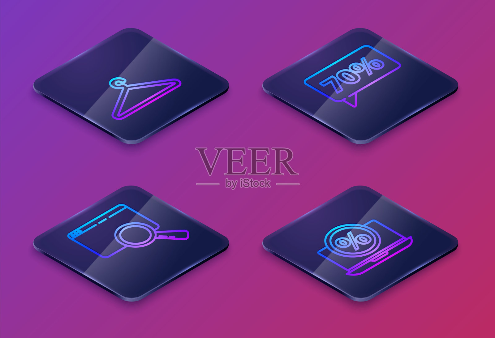 设置等距线衣架衣柜,搜索在浏览器窗口,七折百分之标签和百分之折扣和笔记本电脑。蓝色方块按钮。向量图标素材