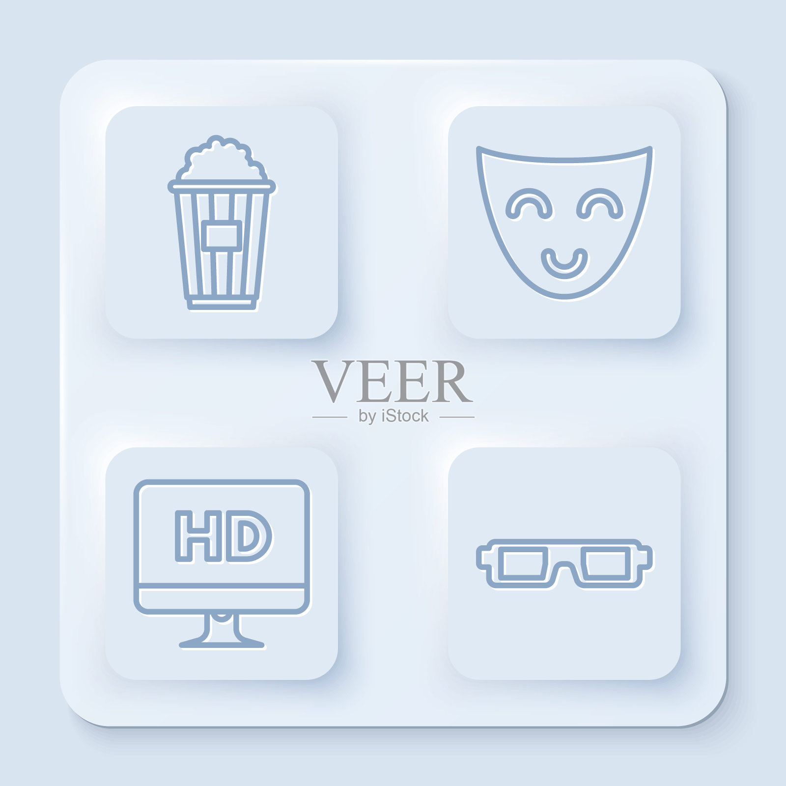 盒装爆米花,喜剧面具,电脑电脑显示器,高清视频技术和3D电影眼镜。白色正方形按钮。向量插画图片素材