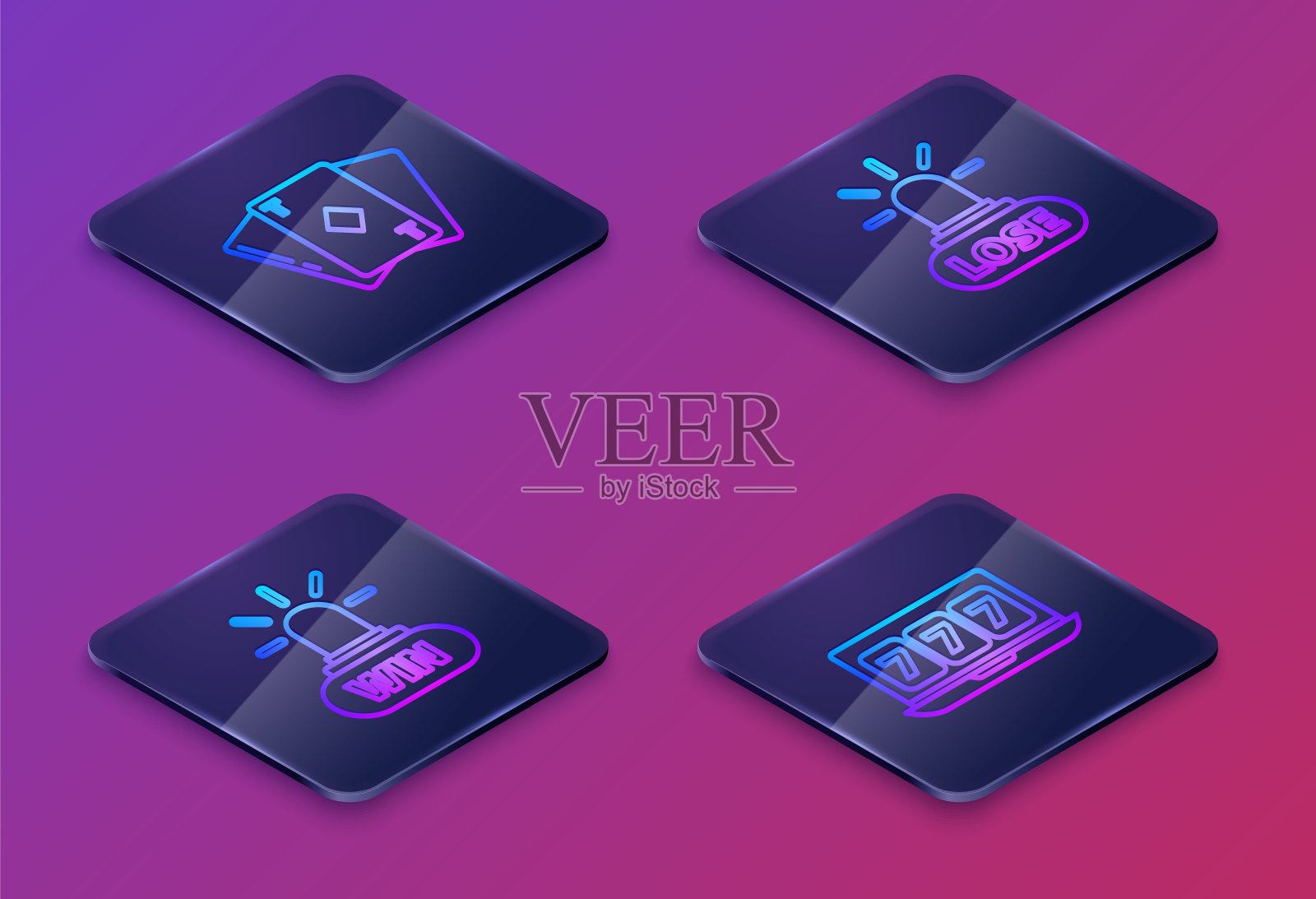 设置等距线扑克牌与钻石,赌场赢,赌场输和在线老虎机与幸运7头奖。蓝色方块按钮。向量图标素材