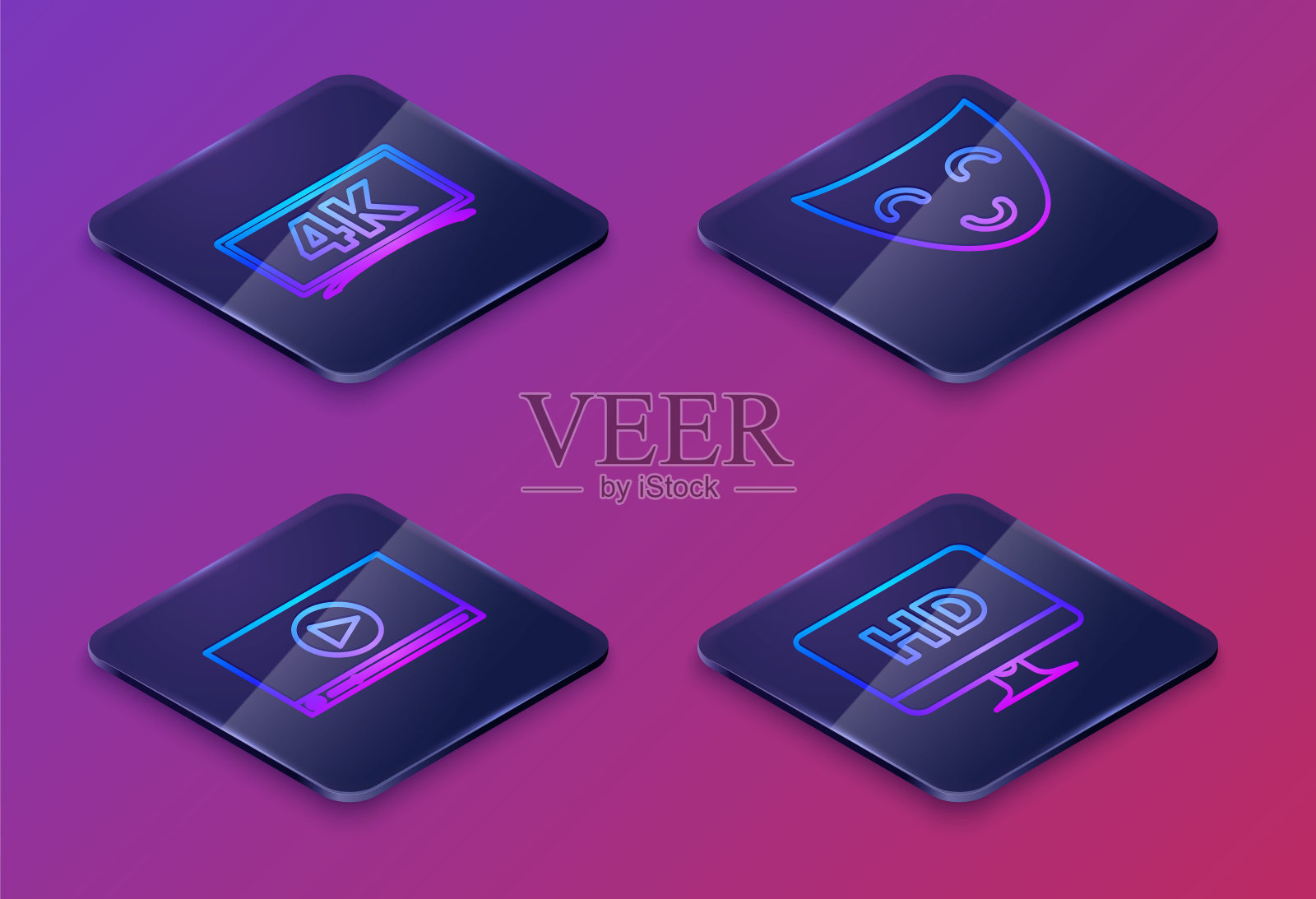 设置4k超高清视频技术的等距线屏幕电视,在线播放视频,喜剧戏剧面具和高清视频技术的电脑PC显示器。蓝色方块按钮。向量图标素材