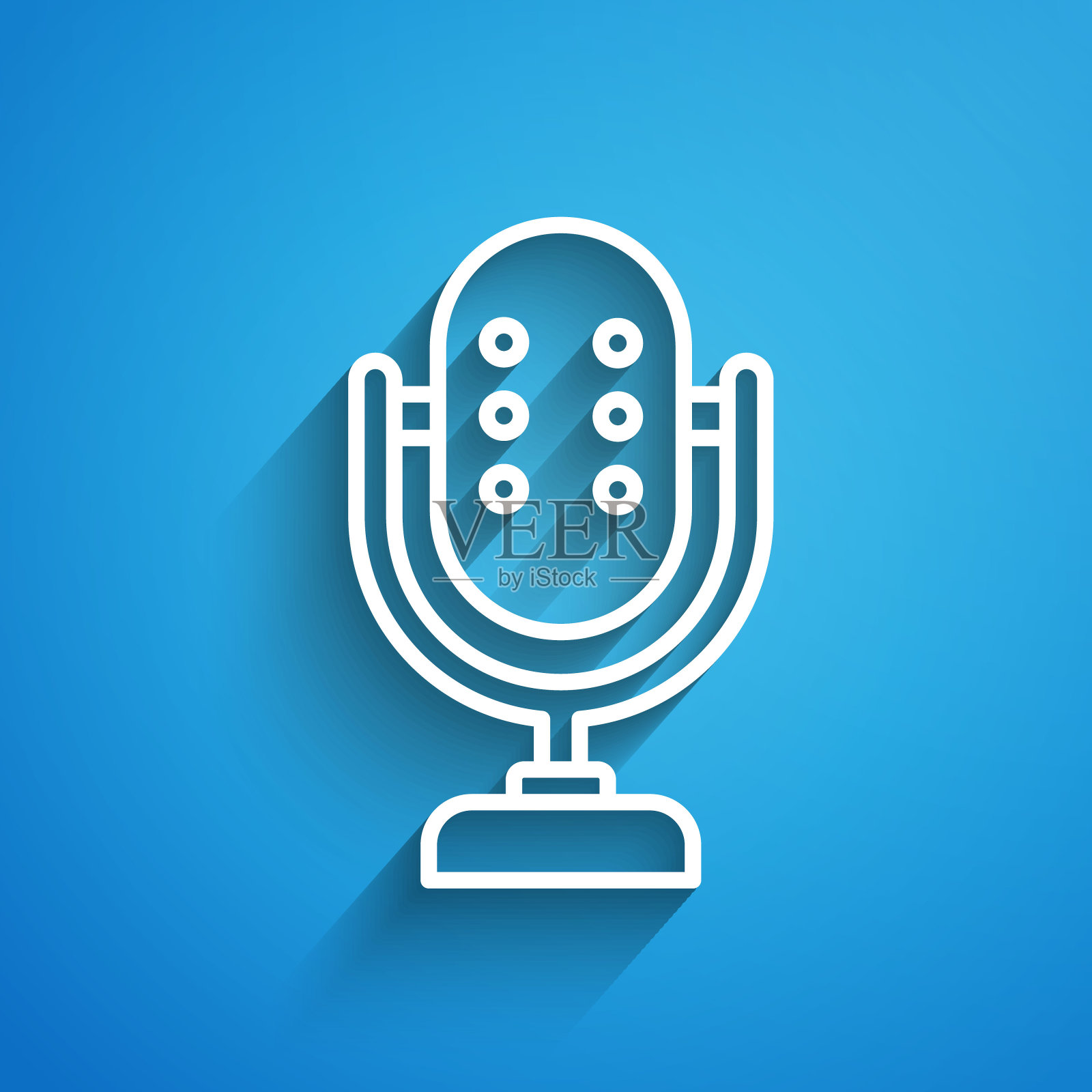 白线麦克风图标隔离在蓝色背景。在空中无线电麦克风麦克风。演讲者的迹象。长长的阴影。向量插画图片素材