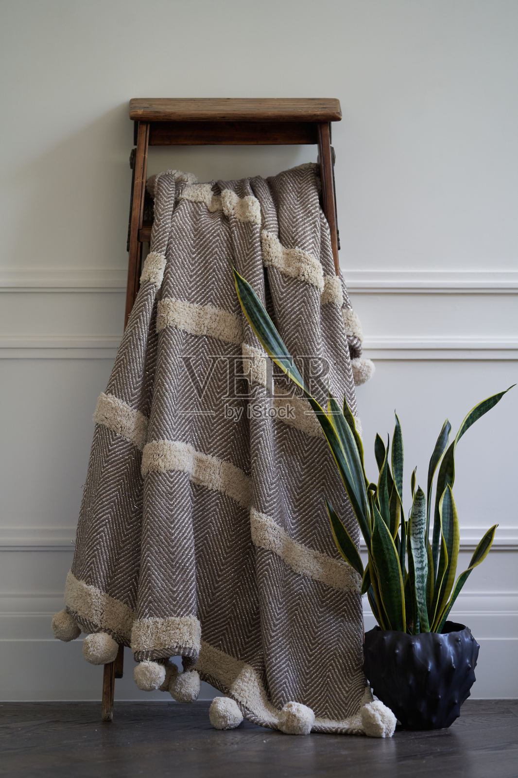 温暖的格子挂在装饰梯子与室内植物照片摄影图片