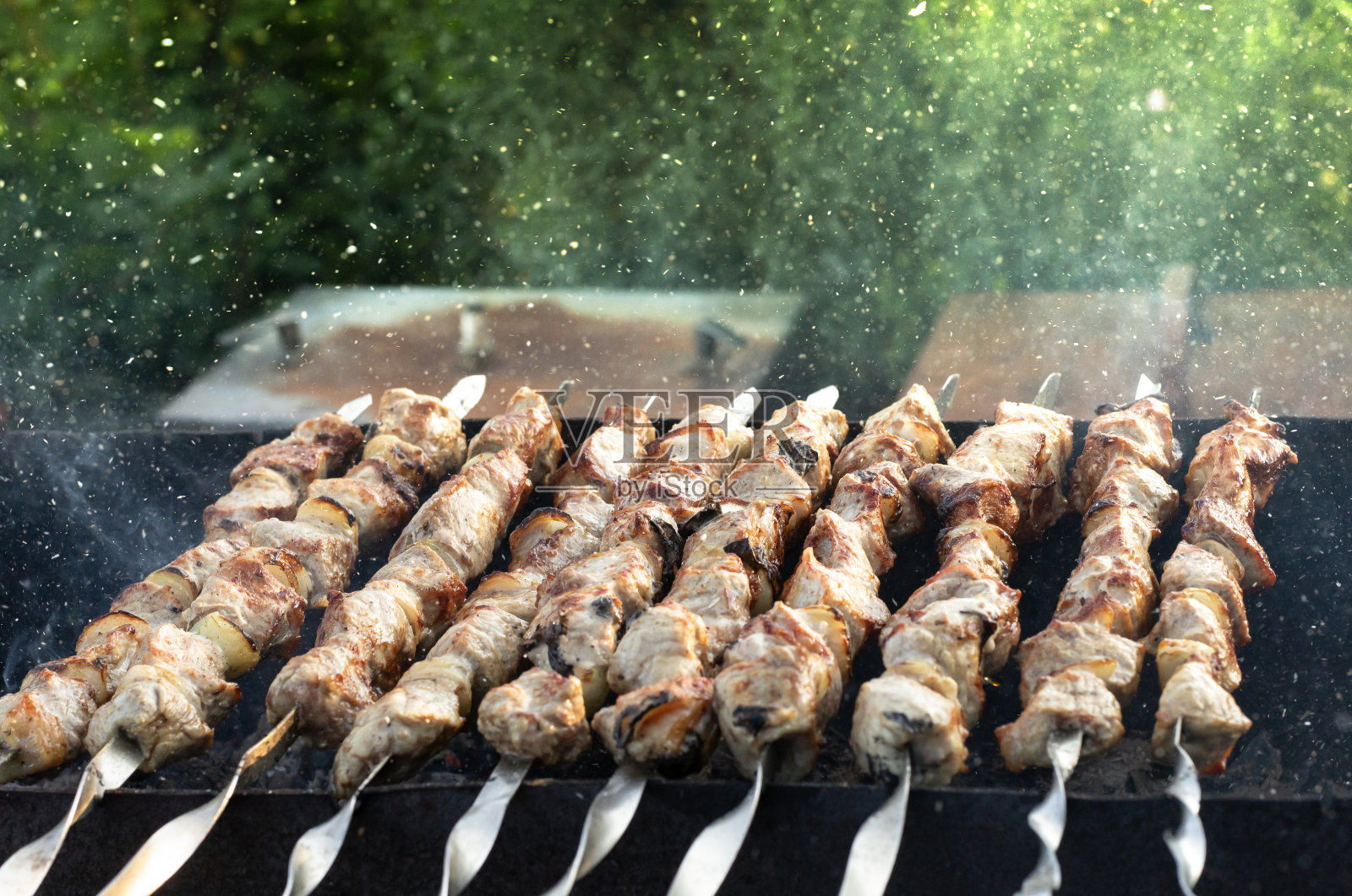 用烤肉串在户外的火上烧烤照片摄影图片