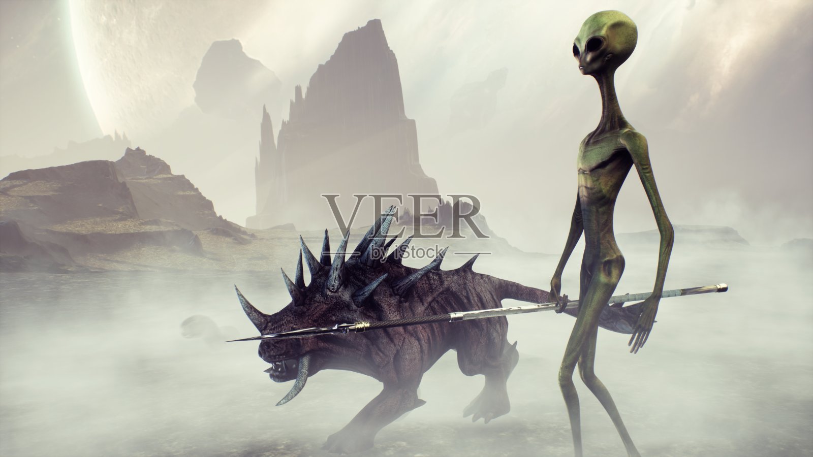 一个外星人带着他不寻常的动物去打猎。一个令人毛骨悚然的外星星球的景观在一个失落的空间。3 d渲染。照片摄影图片