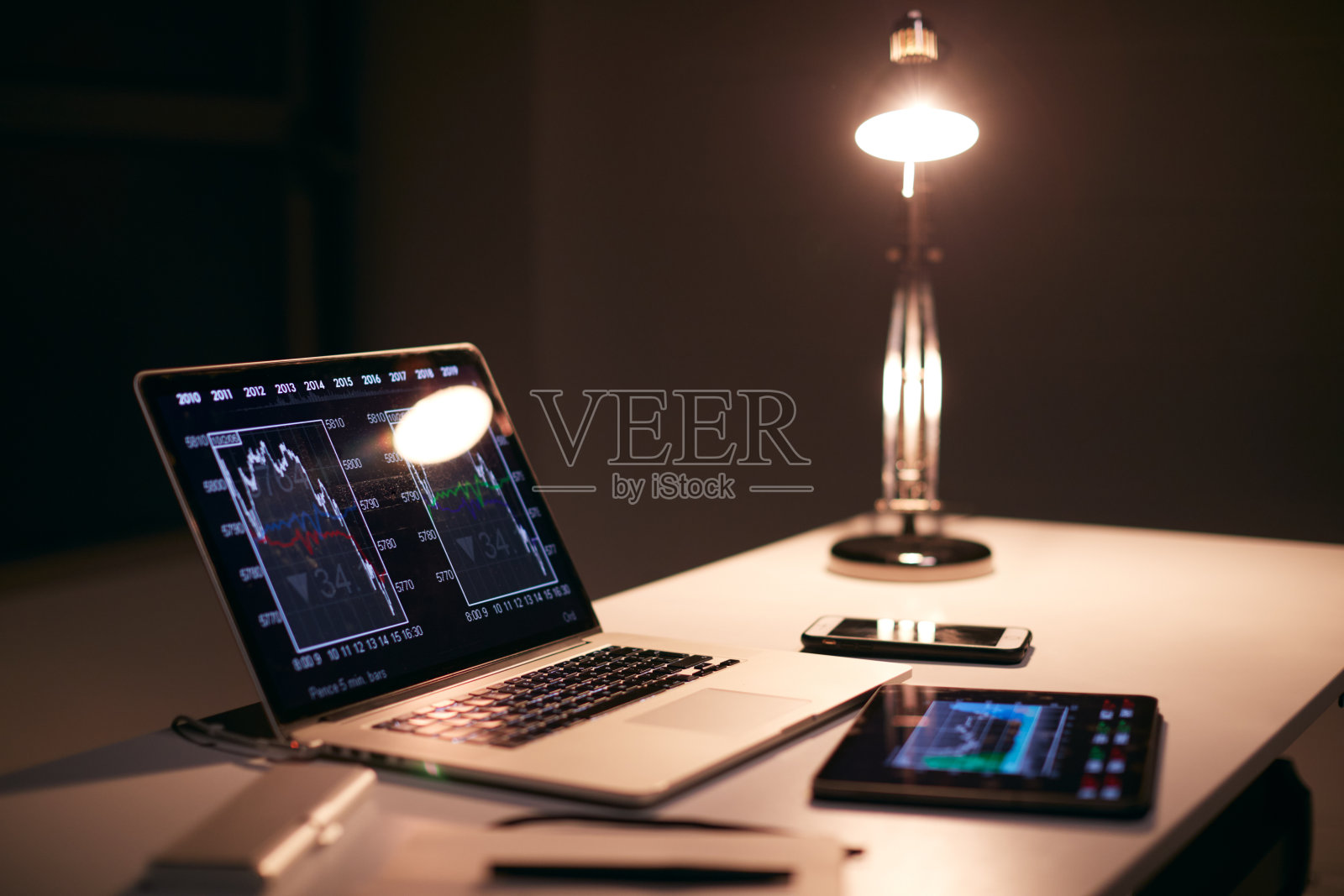 股票价格数据显示在笔记本电脑和数字平板电脑上照片摄影图片