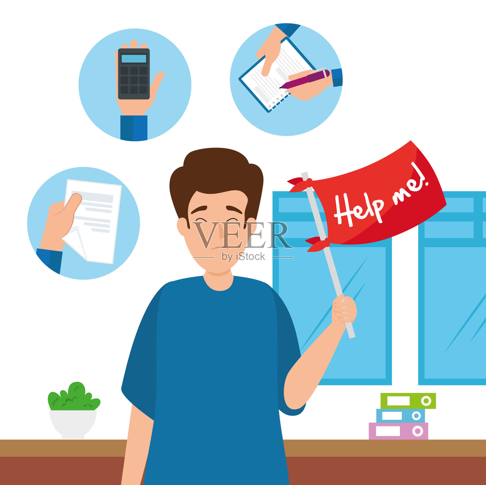 有压力攻击和旗帜的人帮帮我插画图片素材