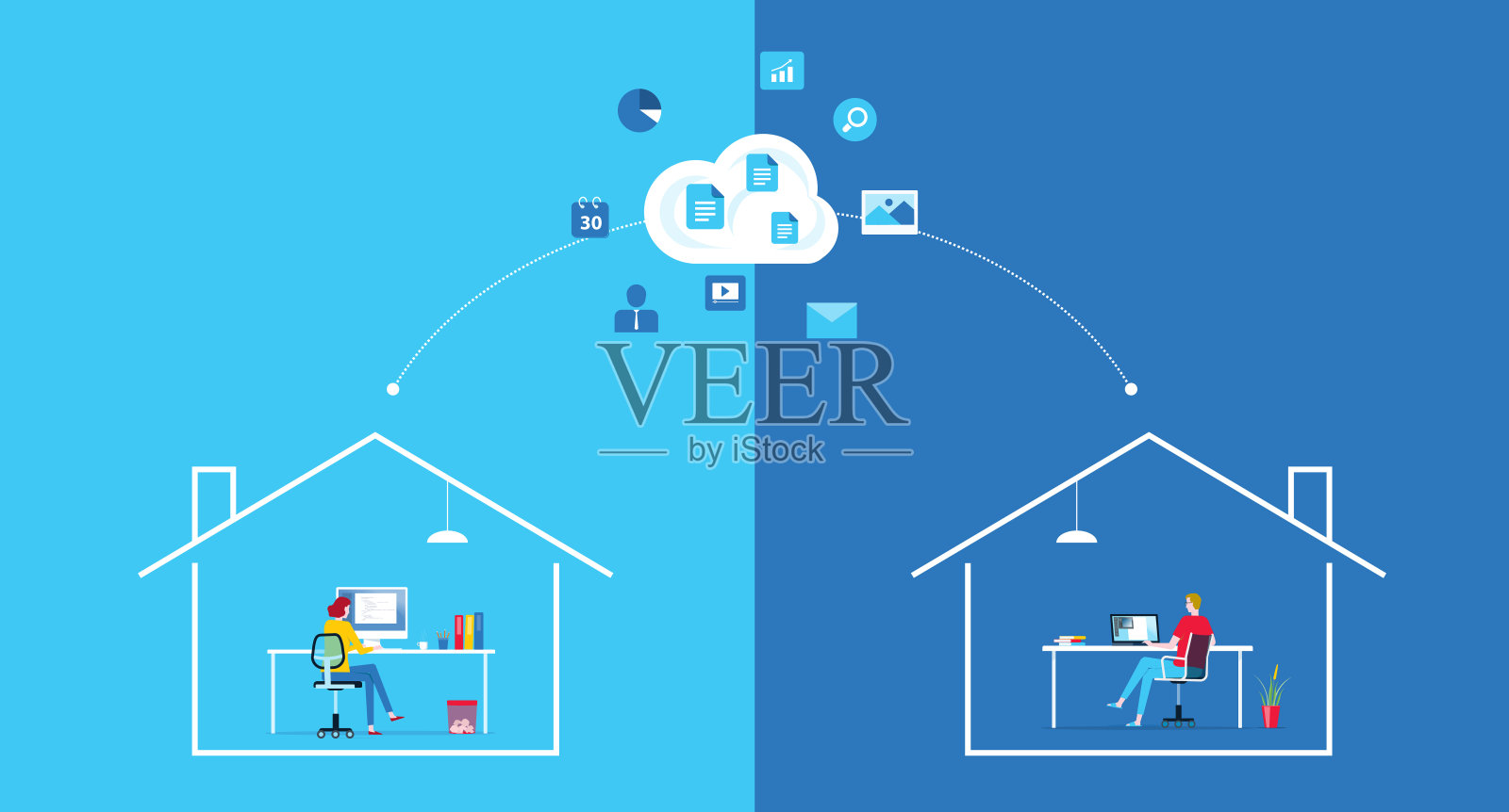 扁平风居家办公云服务器概念插画插画图片素材