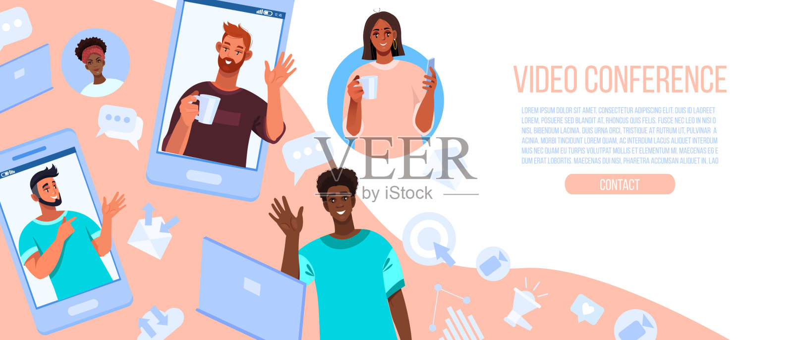 视频会议和电话横幅与不同的年轻博主,笔记本电脑,智能手机,屏幕,smm图标。插画图片素材