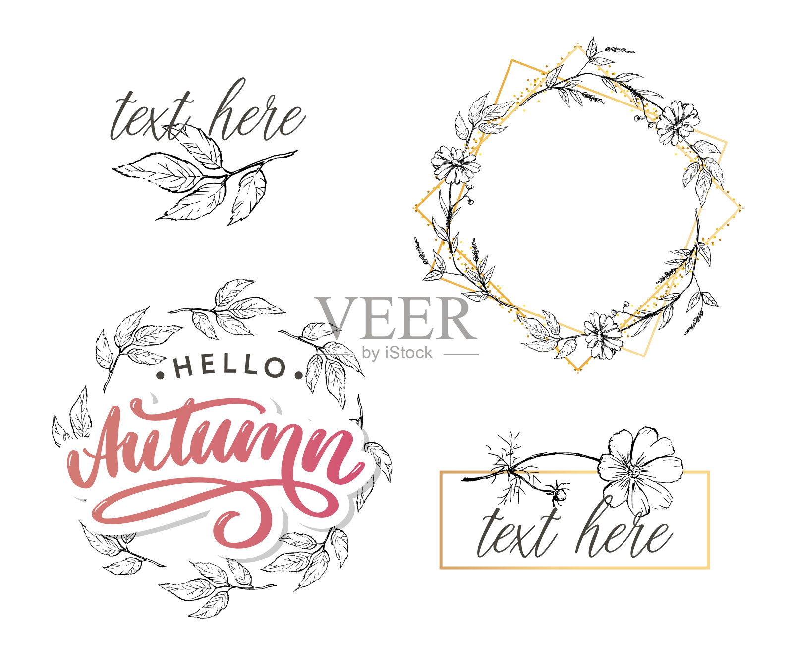 你好,秋天。再见,夏天。这一趋势书法。矢量插图上的背景秋天的树叶。秋天的广告概念。设计元素图片