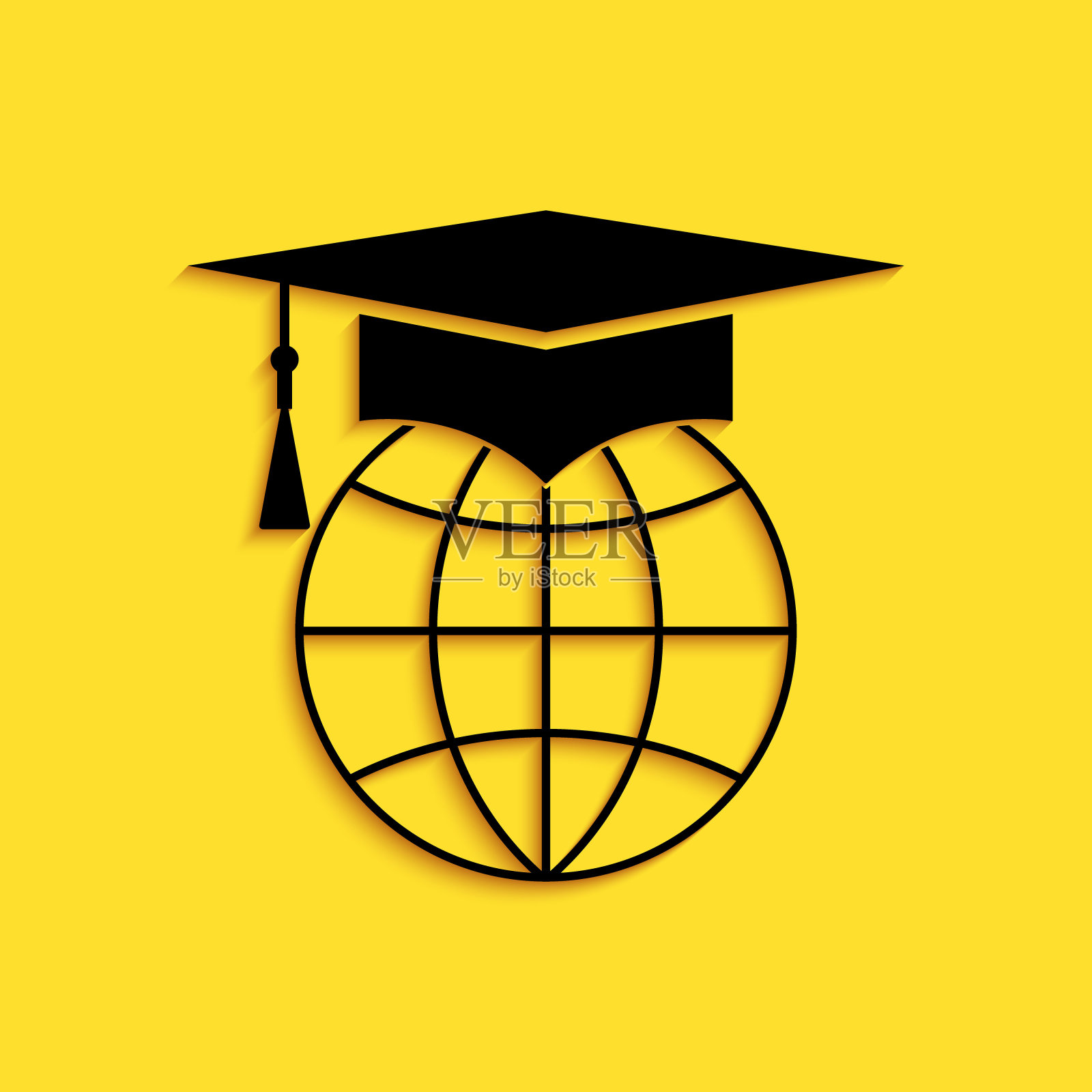 黑色毕业帽上的球体图标隔离在黄色背景上。世界教育的象征。在线学习或电子学习的概念。长长的阴影风格。向量插画图片素材