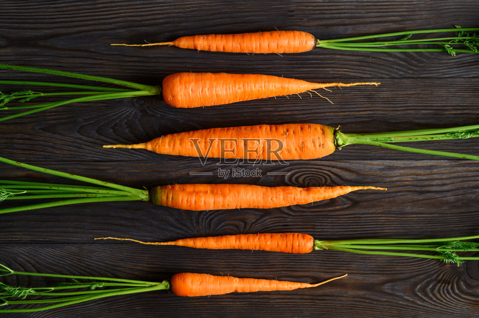 生胡萝卜和绿色的顶部在深色的木制背景布局。生态食品,乡村风格。照片摄影图片