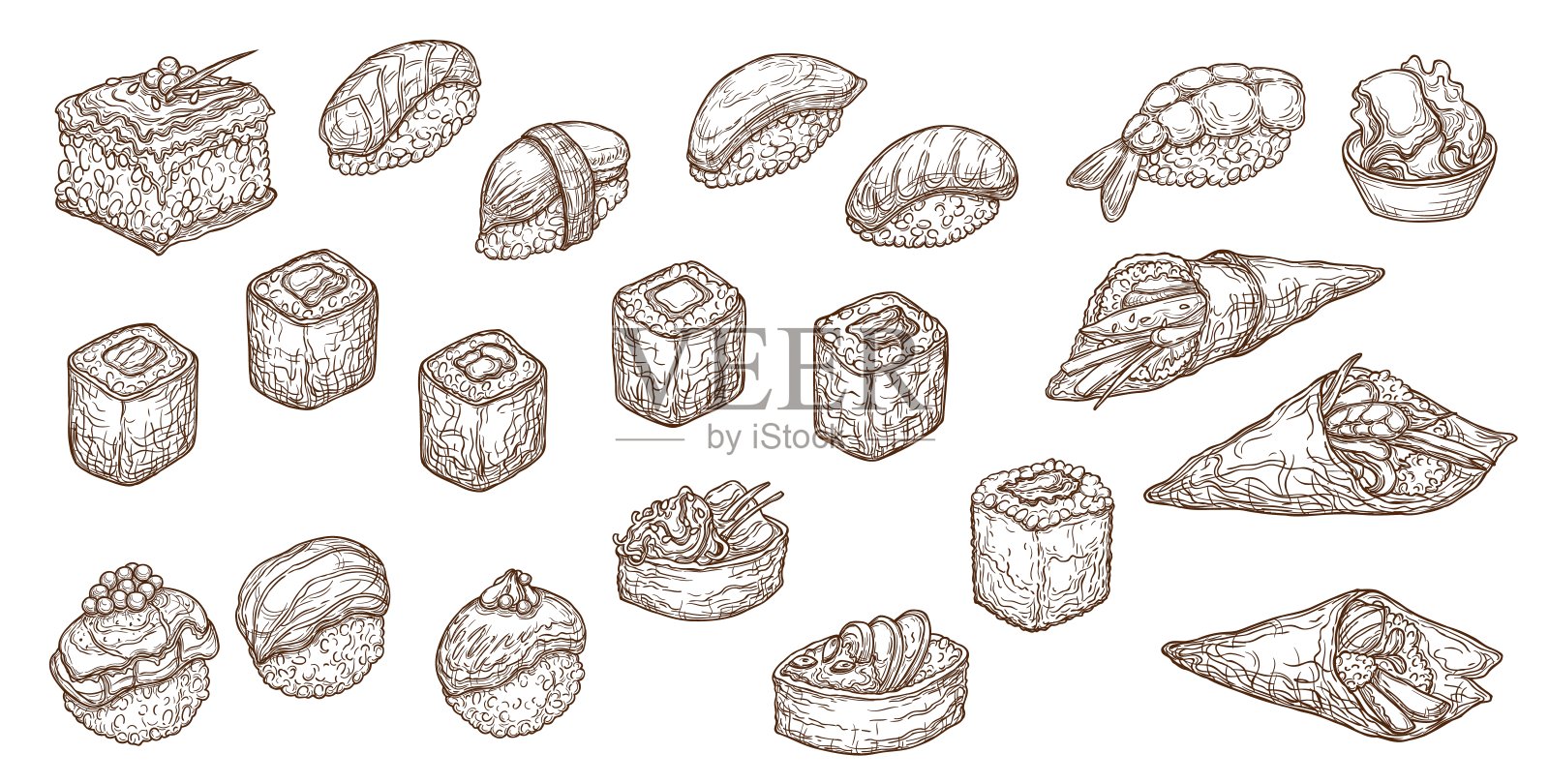 寿司、生鱼片或卷矢素描手握寿司、寿司插画图片素材