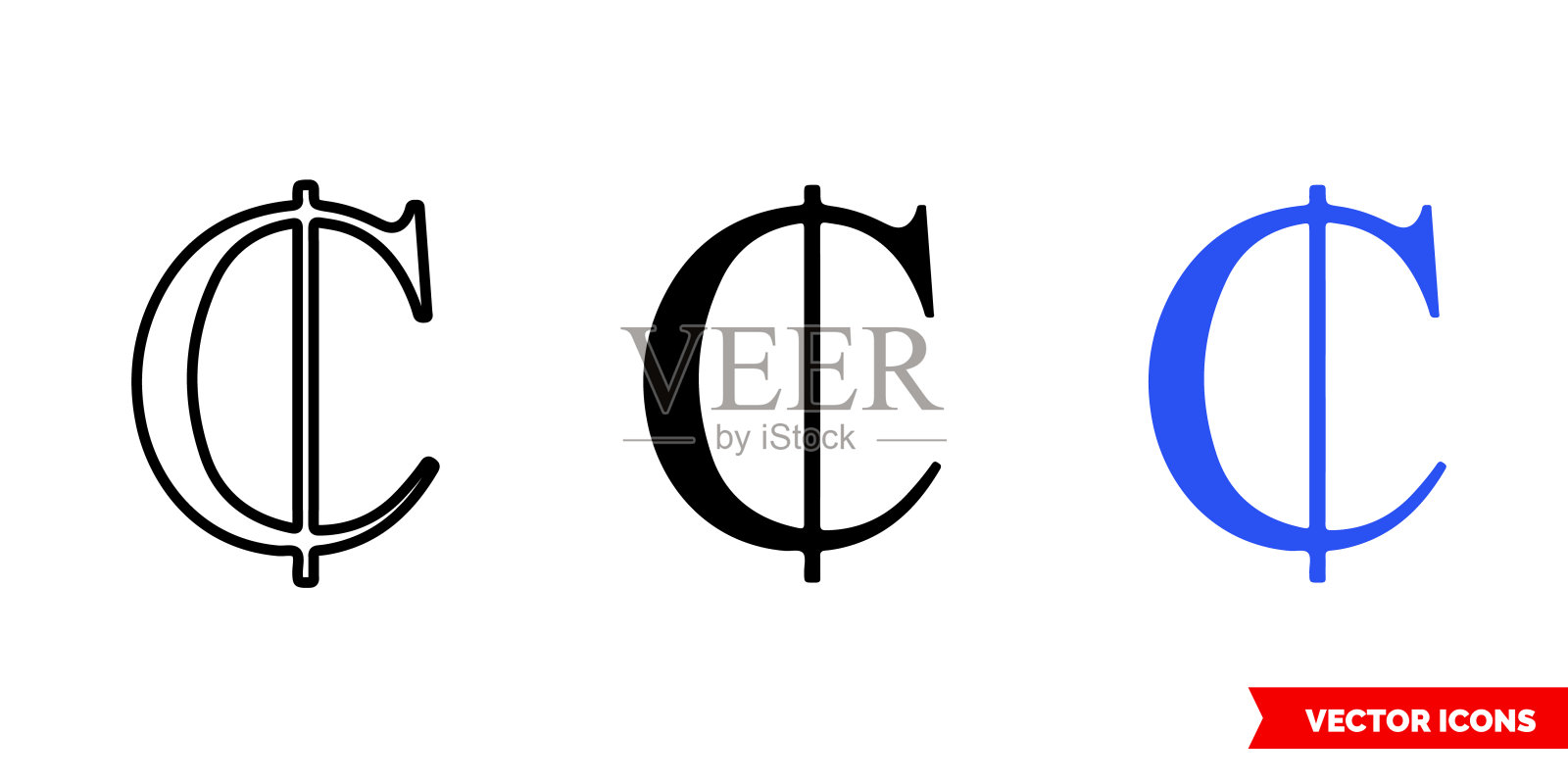 加纳cedi图标3种颜色,黑色和白色,轮廓。孤立向量符号符号图标素材