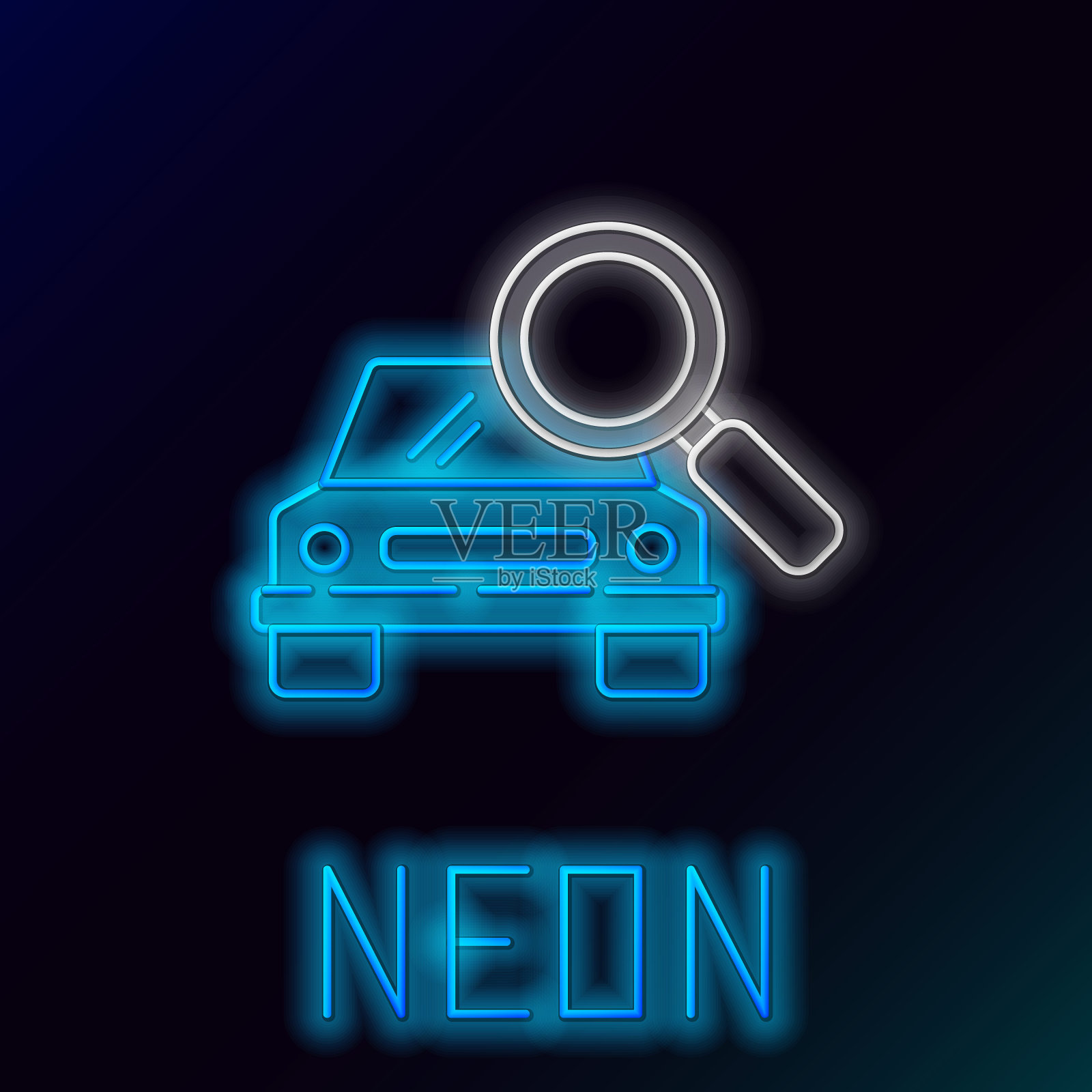 发光的霓虹灯线汽车搜索图标孤立的黑色背景。汽车放大镜。色彩斑斓的轮廓的概念。向量插画图片素材