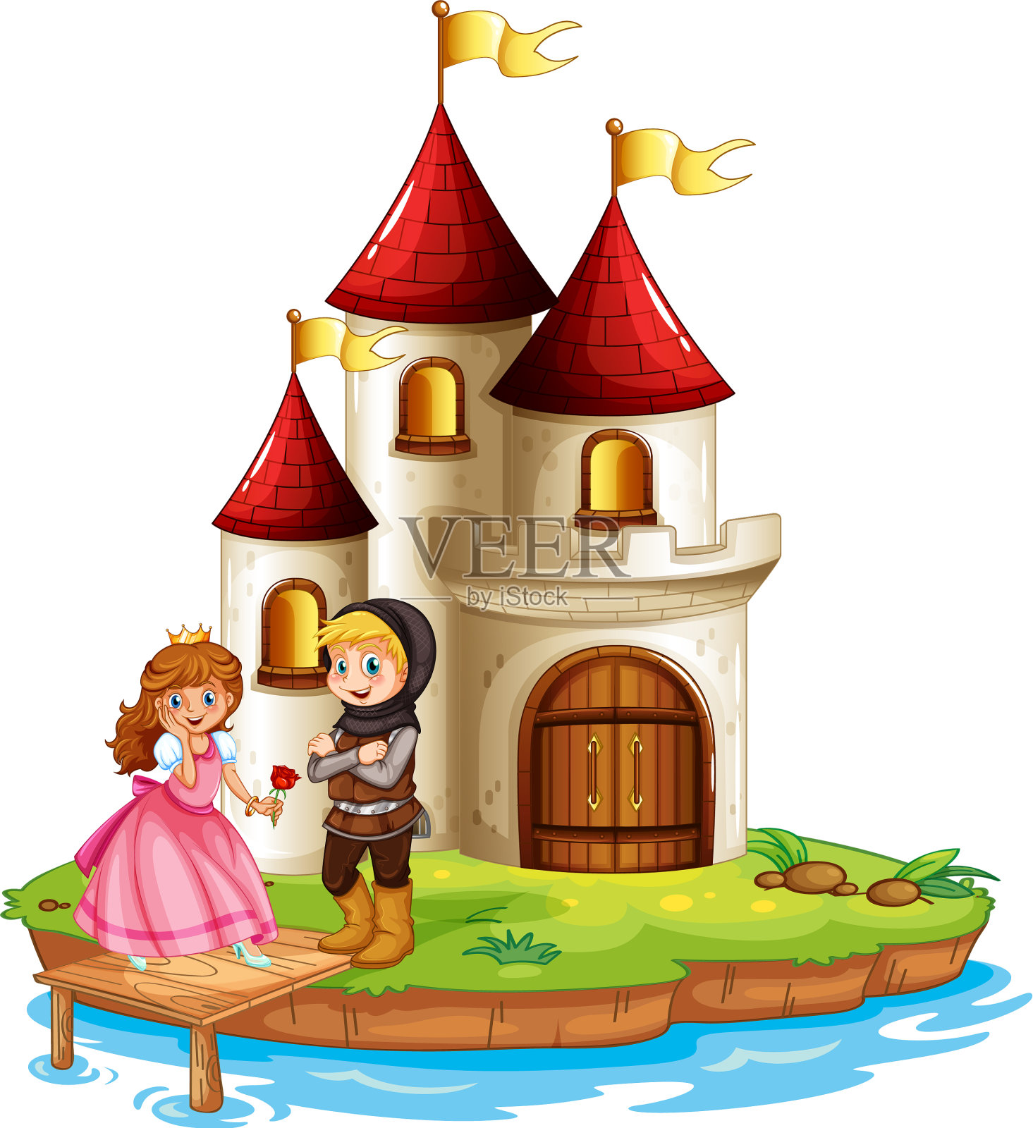 公主和骑士在城堡的场景插画图片素材