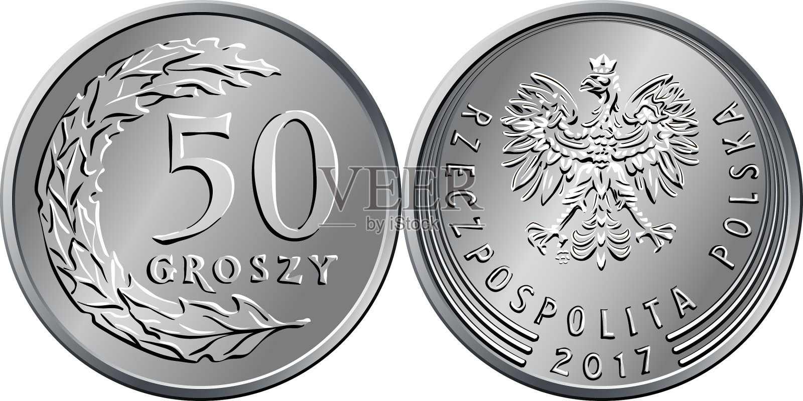 波兰钱币50枚粗劣硬币插画图片素材