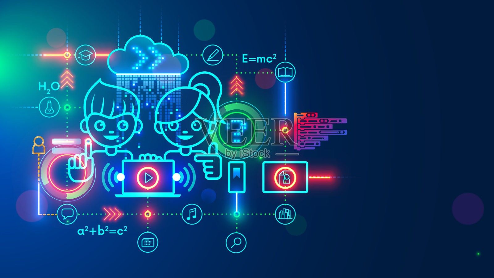 在笔记本电脑上远程教育儿童的在线教育网络平台。男孩和女孩通过互联网在学校学习。电子服务技术。远程学习学校科目。在忧郁的概念。插画图片素材