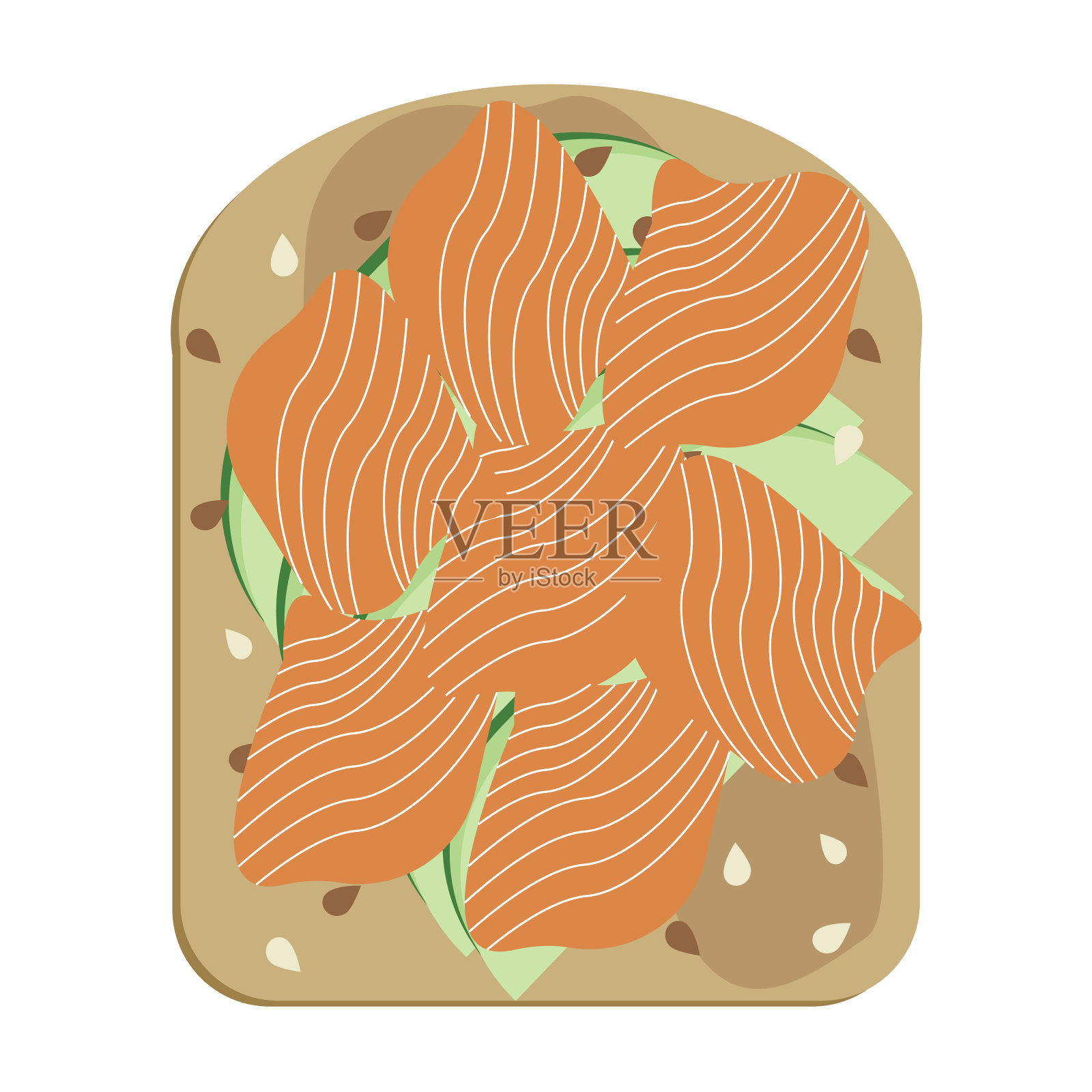 牛油果吐司配荷包蛋和鲑鱼。面包夹鳄梨片,熏鲑鱼和芝麻的素食三明治插画图片素材