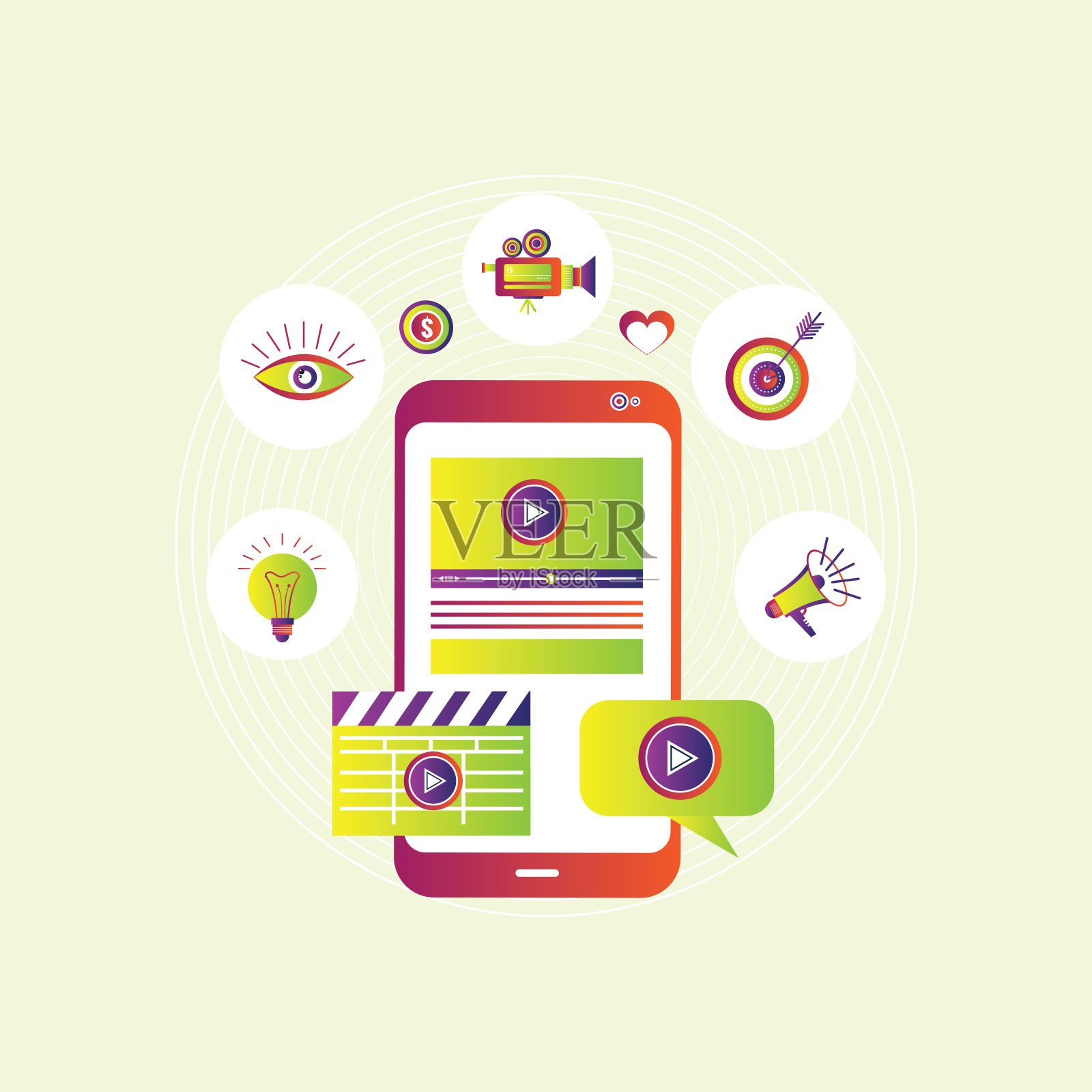 视频在移动屏幕上,视频分享和营销矢量概念与图标插画图片素材