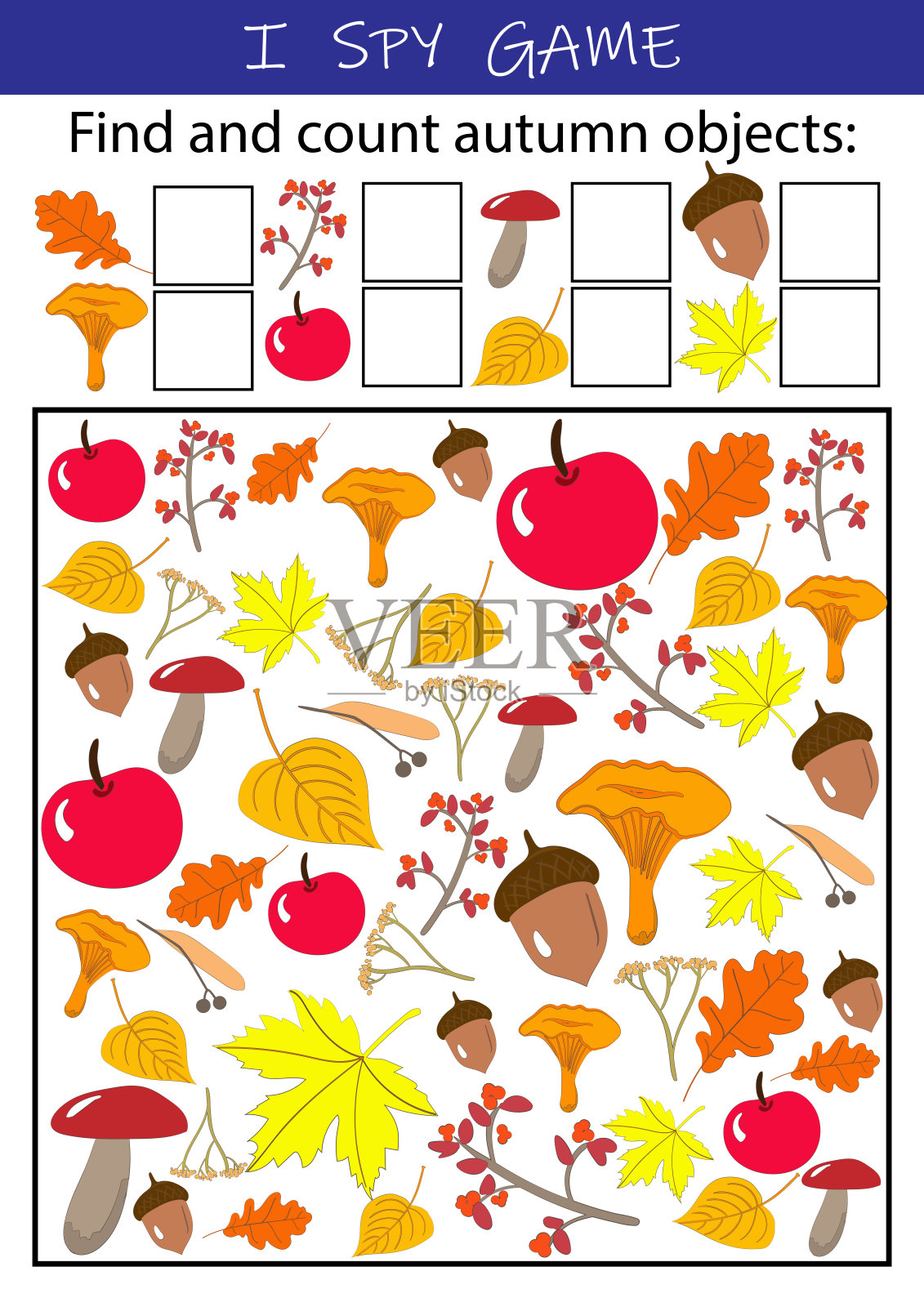 我窥探秋天的对象-教育游戏的孩子。幼儿园,学校,学前班的数学练习题。发展计算技能和注意力。插画图片素材