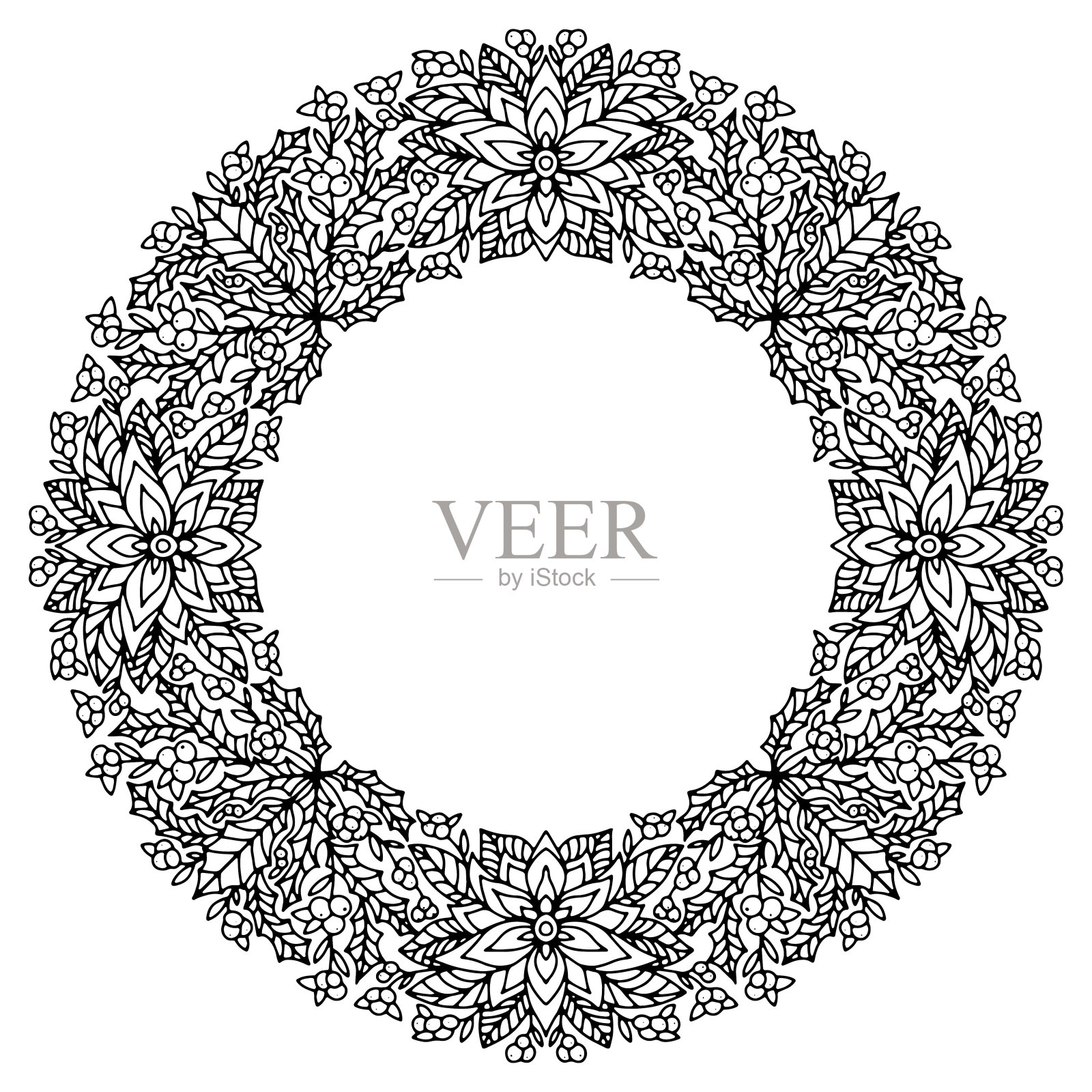 圣诞花环与花和树枝与叶子画在白色的背景着色,矢量插画图片素材