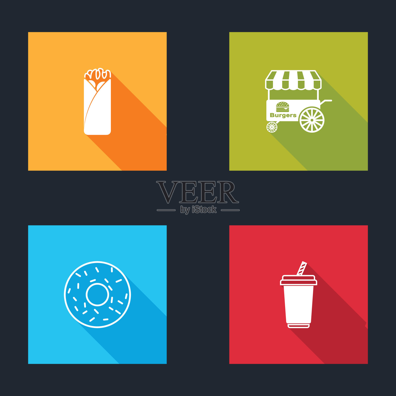 设置玉米煎饼,速食车,甜甜圈和玻璃与水的图标。向量图标素材