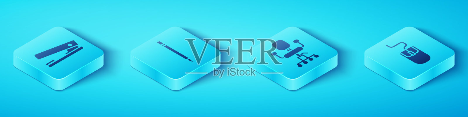 设置等距办公订书机,铅笔和橡皮擦,电脑鼠标和办公椅图标。向量图标素材