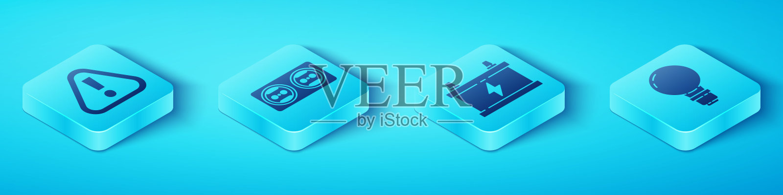 设置等距感叹号三角形,插座,灯泡与概念的想法和汽车电池图标。向量插画图片素材