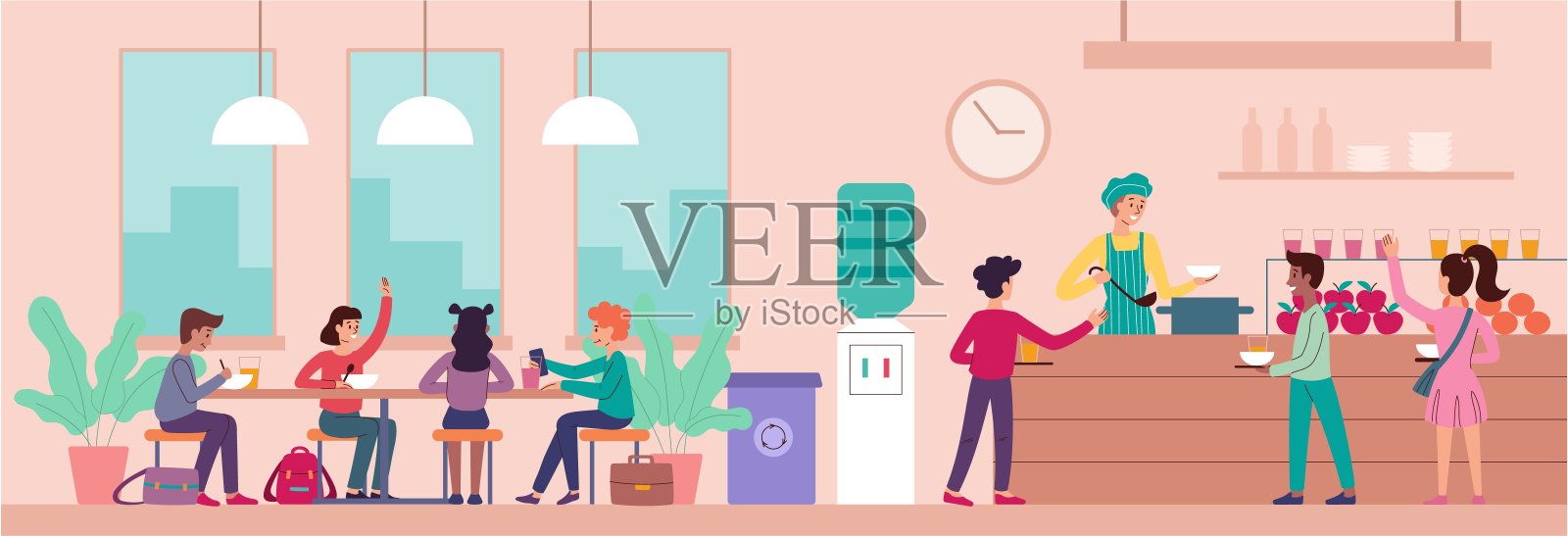 学校食堂内部有学生插画图片素材