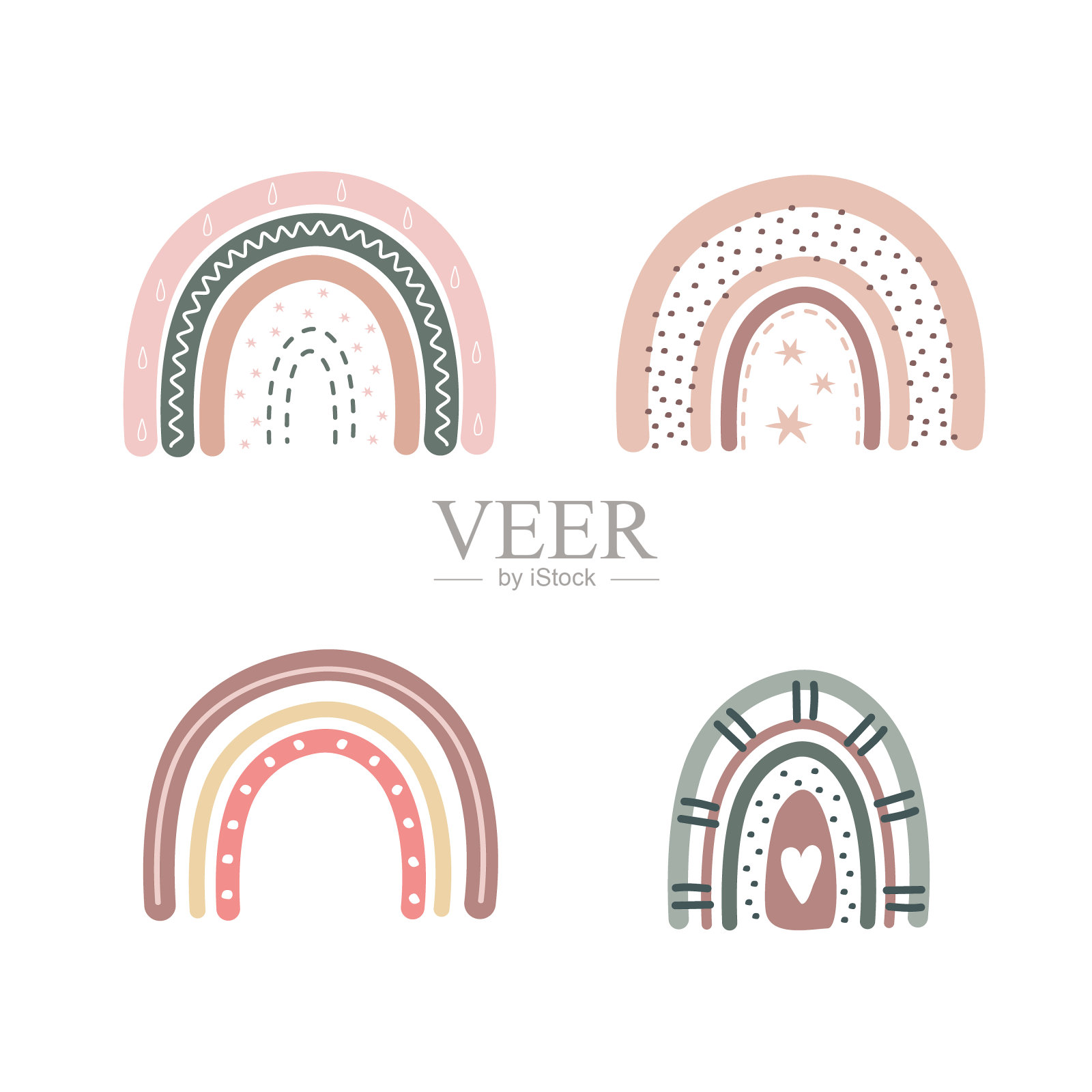 时髦的彩虹波西米亚风格,不同的颜色。彩虹上有星星和爱心。假日儿童插图。涂鸦艺术元素。现代矢量插图。插画图片素材