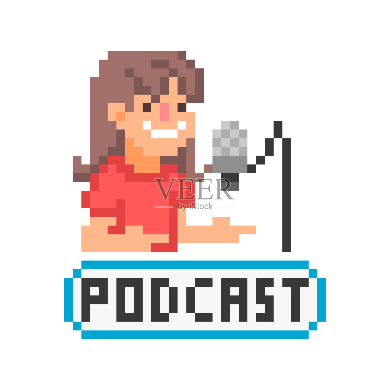 快乐微笑的女人主持播客,8位像素艺术图标孤立在白色的背景。女孩流媒体在线秀。电台个人直播。复古复古的视频游戏图形。插画图片素材