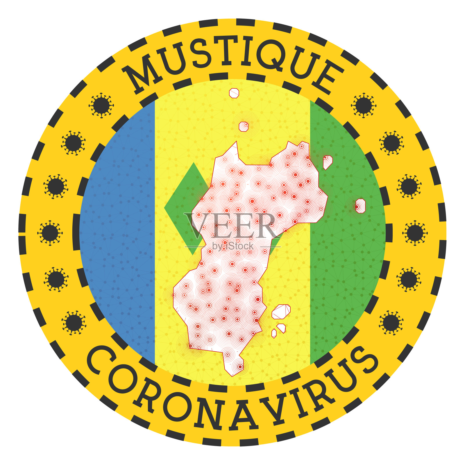 Mustique标志中的冠状病毒。插画图片素材