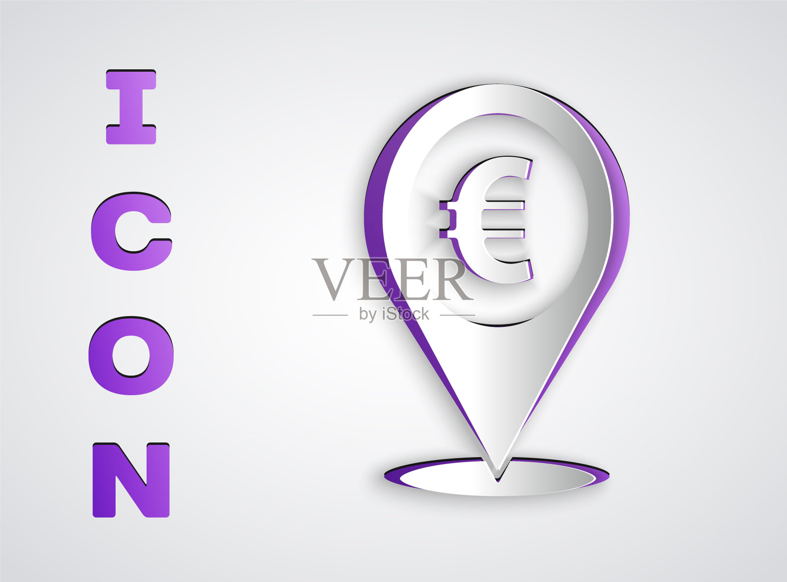 剪纸现金定位针图标孤立在灰色背景。指针和欧元符号。钱的位置。经营投资理念。纸艺术风格。矢量图图标素材