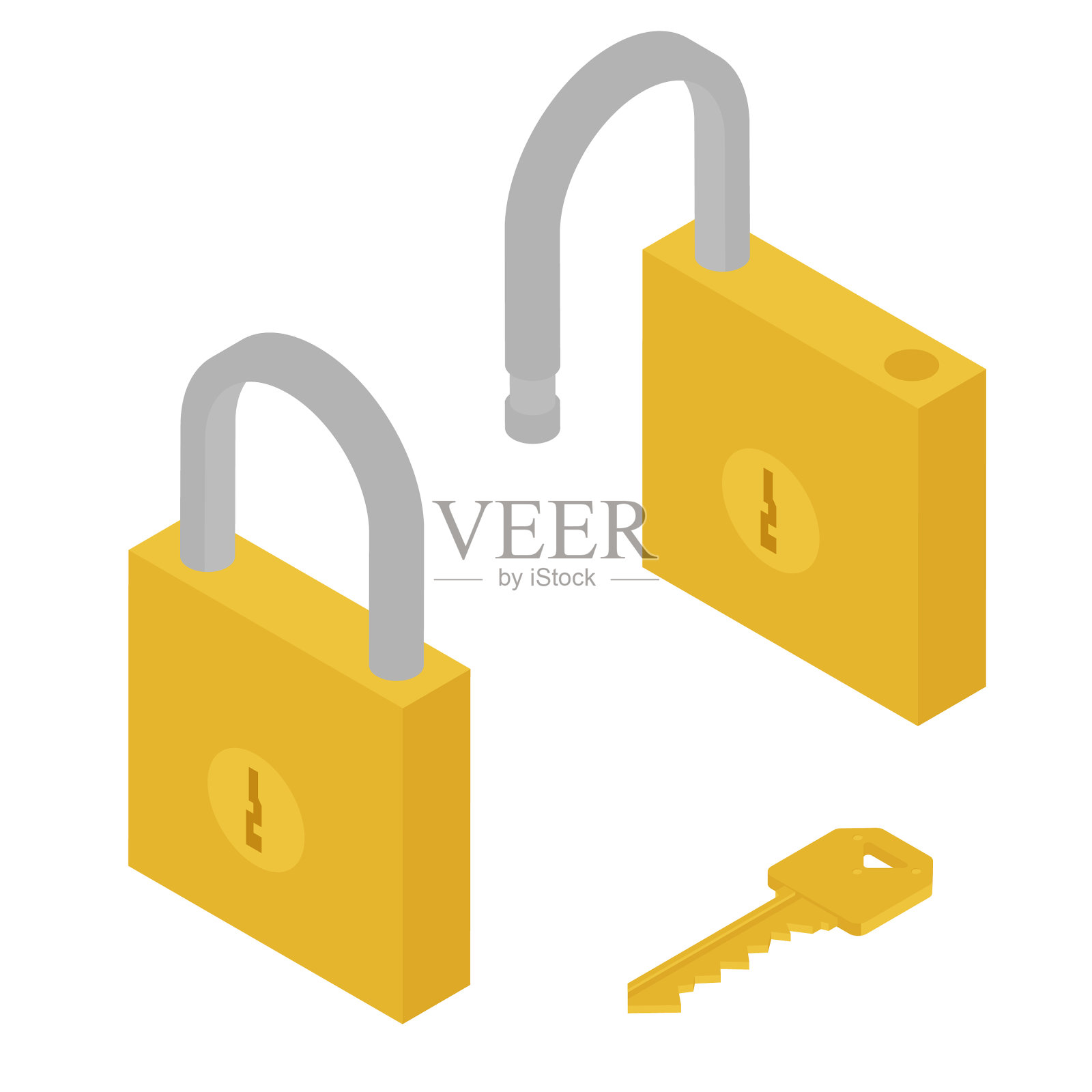 金锁无锁挂锁与钥匙等距插画图片素材