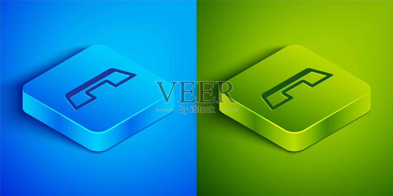 等距线步骤平台图标隔离在蓝色和绿色背景。方形按钮。向量图标素材