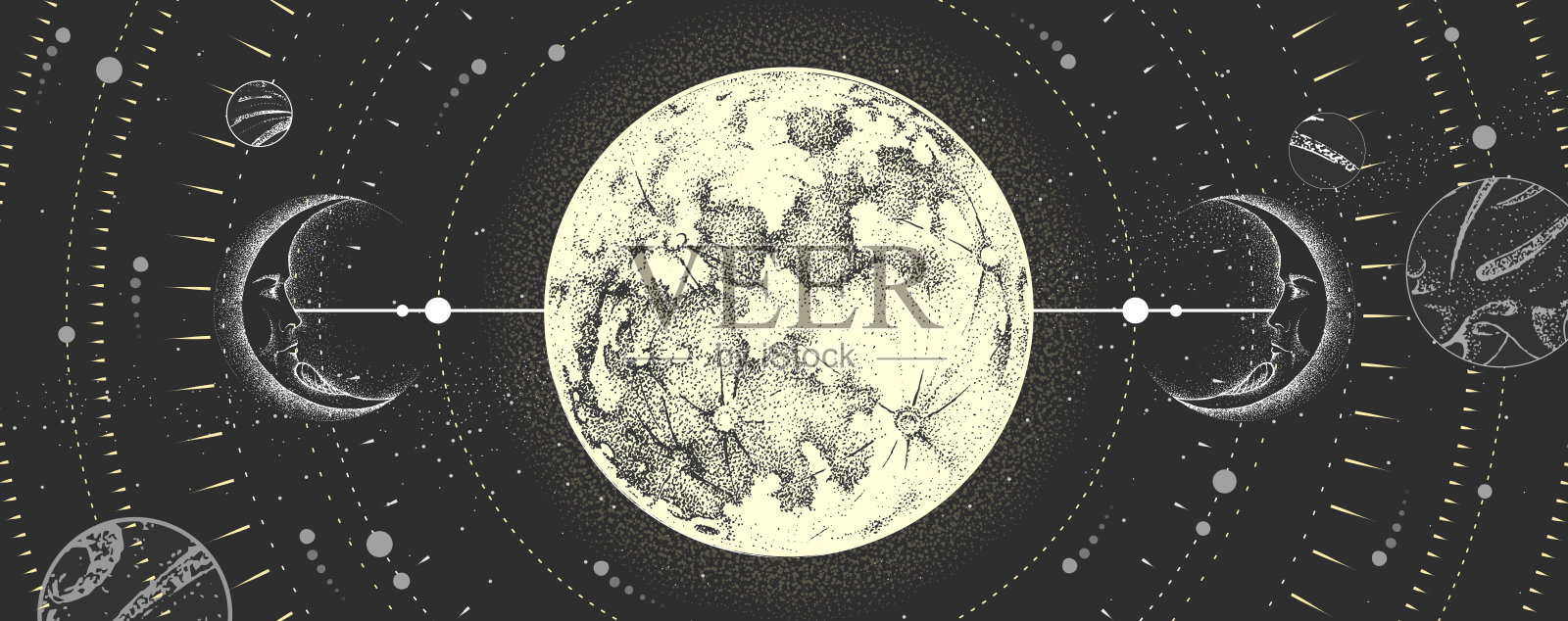 现代魔术魔术卡与占星月亮标志与人脸。现实手绘满月矢量插图插画图片素材