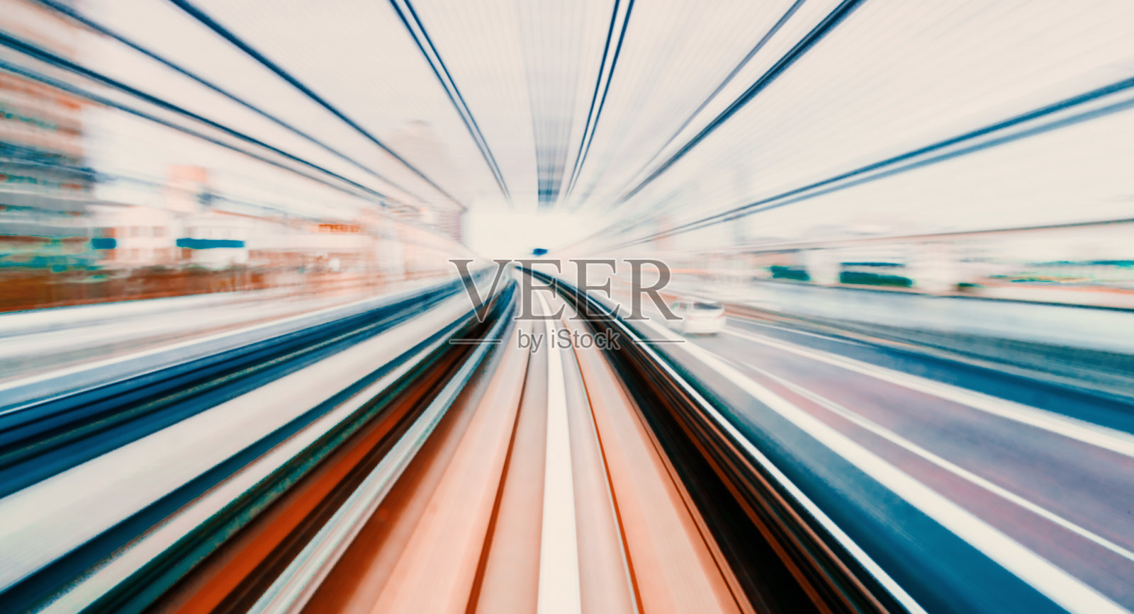 POV列车运动模糊概念从Yuikamome单轨在东京,日本照片摄影图片