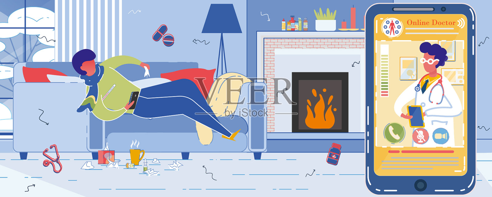 男子与流感电话在线医生应用程序从家里插画图片素材