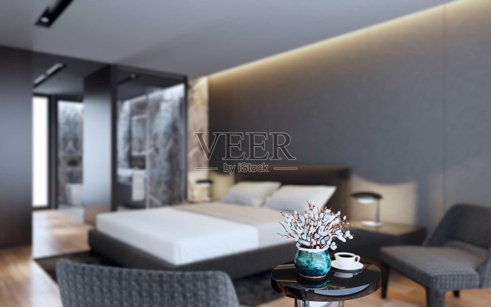 专注于豪华公寓主卧室内的植物与步入式衣柜和浴室与淋浴灵感来自高级酒店房间。副本的空间。照片摄影图片