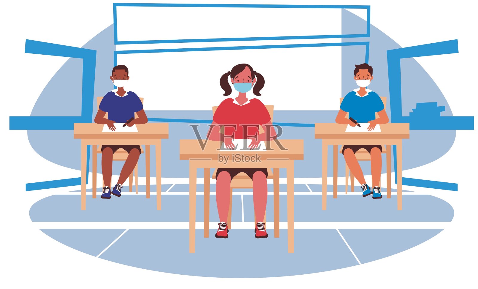 新常态概念下的社会距离,戴医用口罩的教师男女住在教室里。预防冠状病毒或COVID-19大流行。插画图片素材